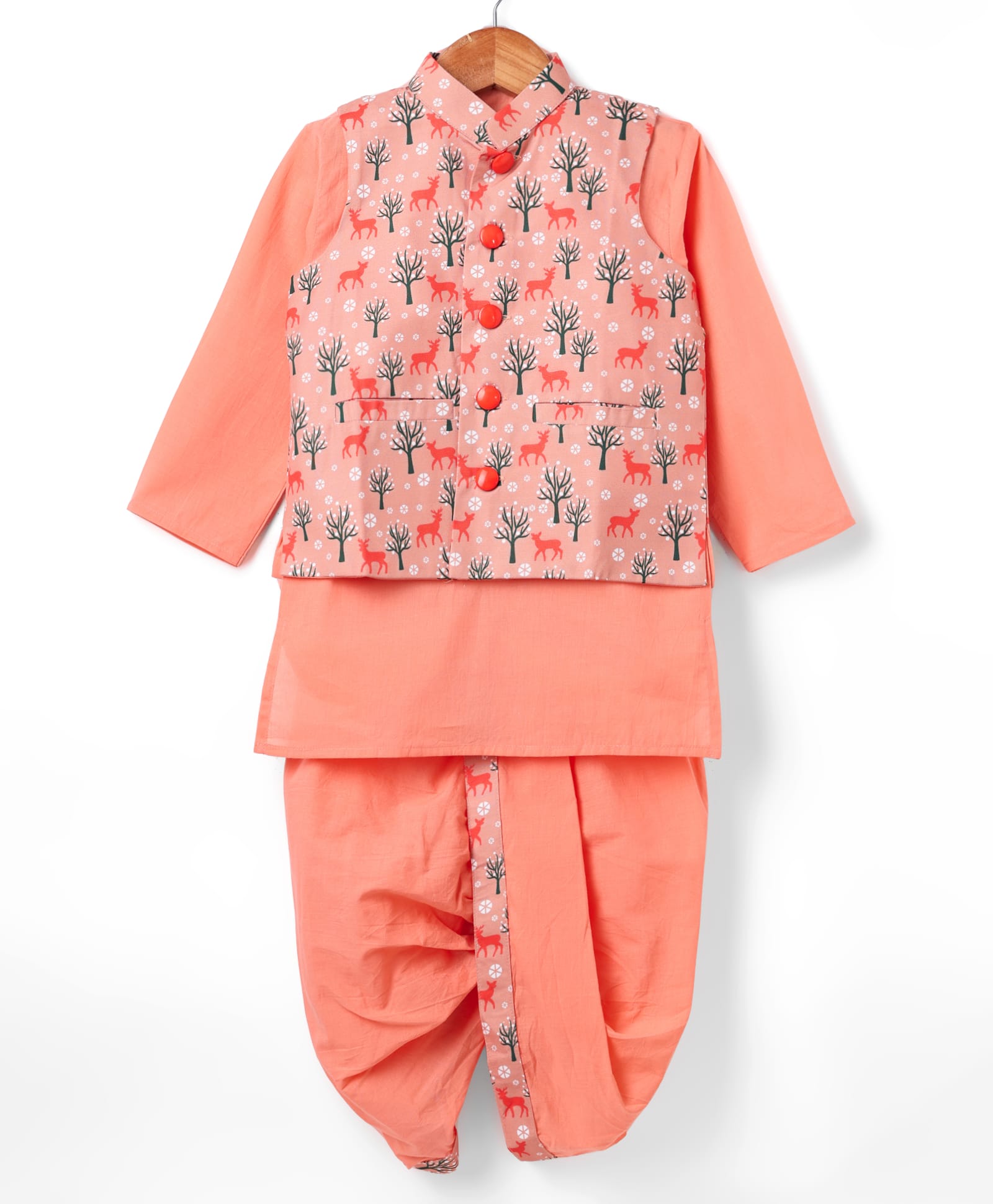 Little Bansi Cotton Knit Full Sleeves Kurta & Dhoti Set With Deer Printed Jacket - Peach-image-10