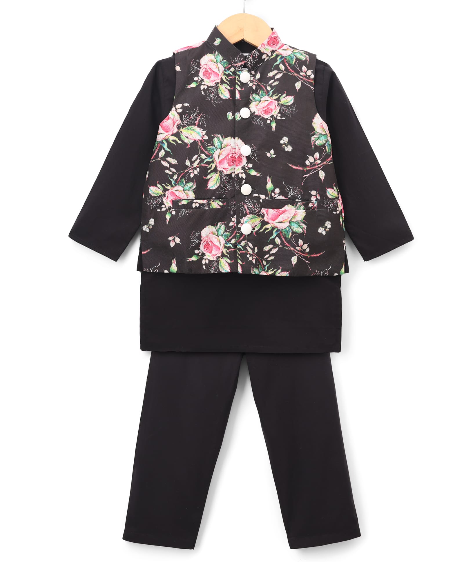 Little Bansi Cotton Knit Full Sleeves Punjabi Black Kurta Pyjama With Rose Printed Jacket - Black-image-3