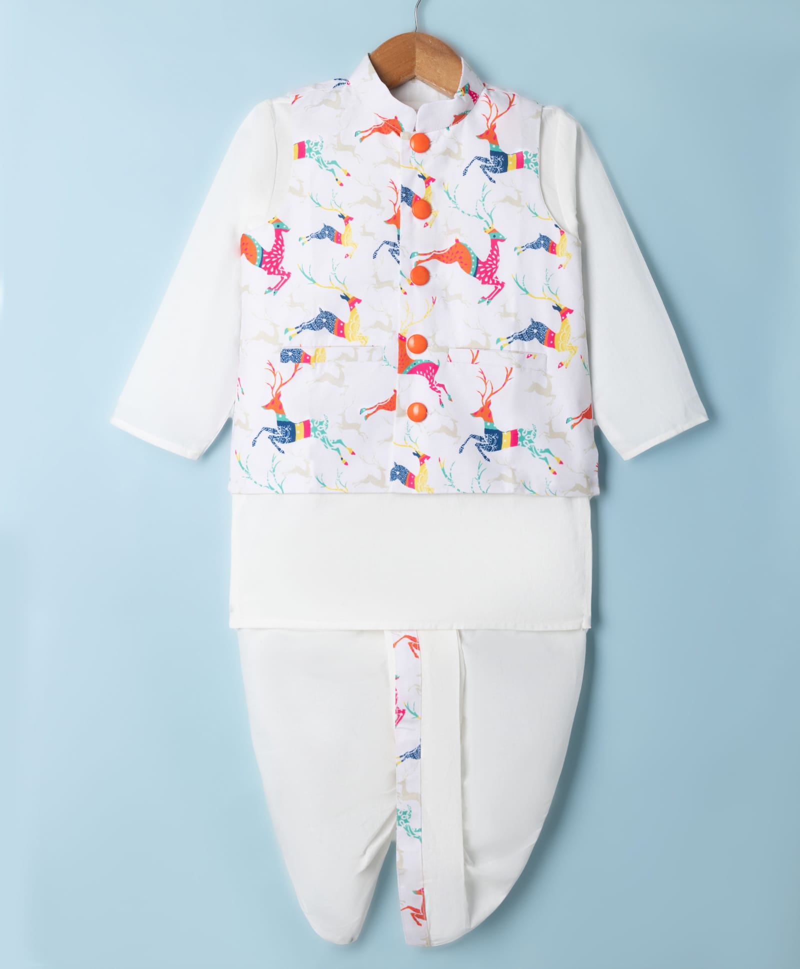 Little Bansi Cotton Knit Full Sleeves Parsi Style Deer Print Kurta and Dhoti with jacket - White-image-7
