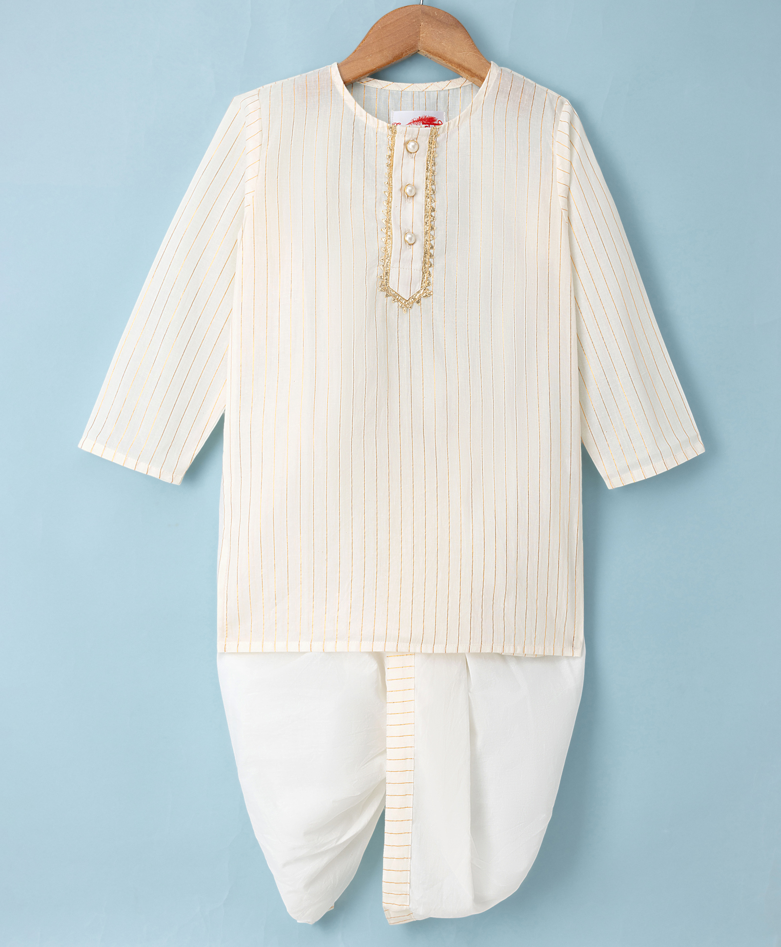Little Bansi Cotton Knit Full Sleeves Marwari Kurta with Golden Trim Pearl Button With Dhoti Set - Cream-image-12