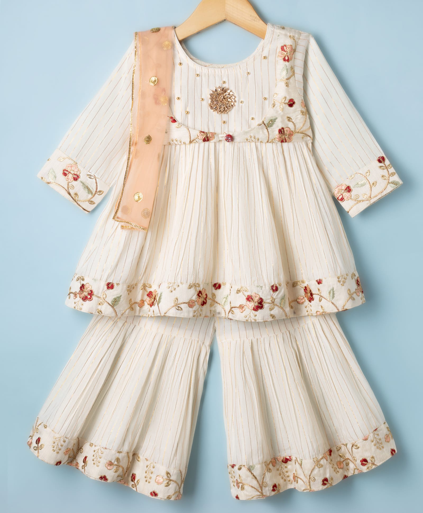 Little Bansi Cotton Woven Three Forth Sleeves Floral Embroidery Jacket with Golden Strip Frock Gharara & Dupatta with Ghungroo Handwork - Cream-picture-34
