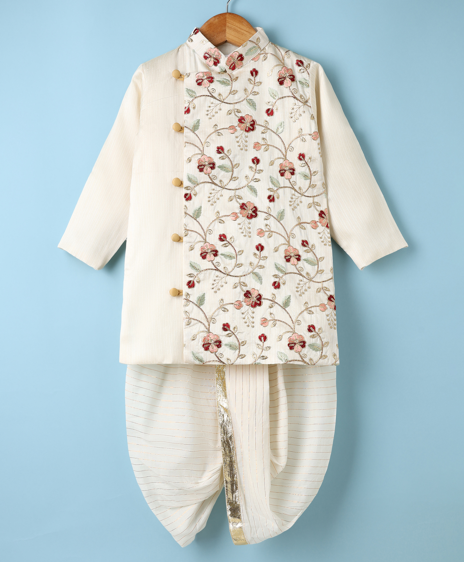Little Bansi Silk Woven Full Sleeves Floral Embroidered Sherwani With Gold Striped Dhoti - Cream-picture-25