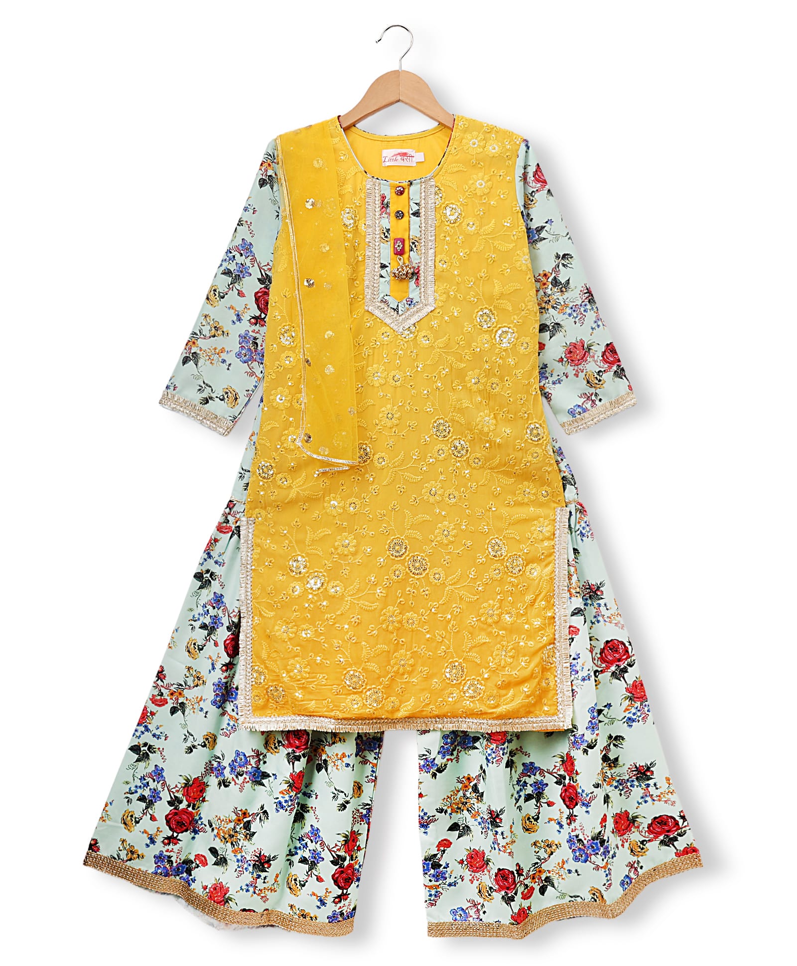 Little Bansi Cotton Woven Full Sleeves Floral Printed Kurta Sharara and Dupatta Set With , Embroidery & Rajasthani Lace Work - Yellow & Green-image-34
