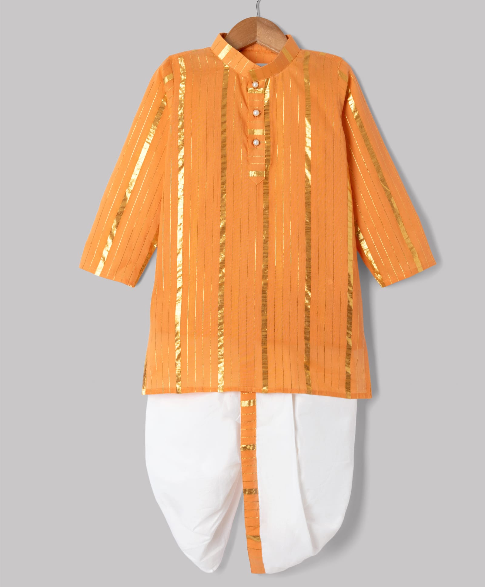 Little Bansi Cotton Woven Full Sleeves Kurta and Dhoti with Golden Stripes and Pearl Buttons - Orange-image-44