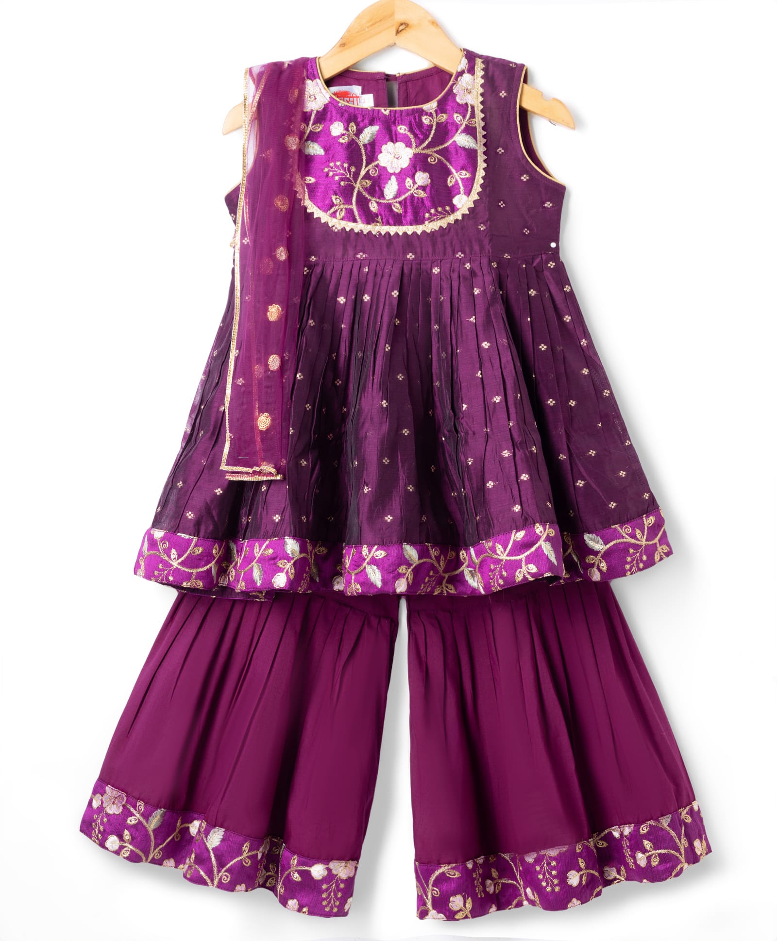 Little Bansi Chanderi Silk Woven Sleeveless Floral Embrodered Kurta Frock with Sharara With Dupatta - Purple-image-4