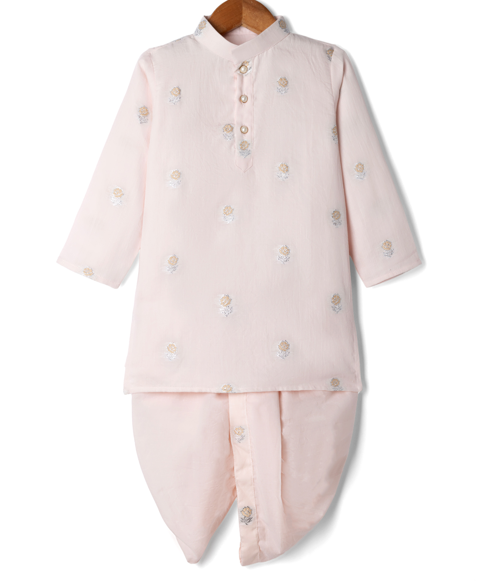 Little Bansi Cotton Woven Full Sleeves Kurta and Dhoti with Floral Weaving - Light Pink-picture-16