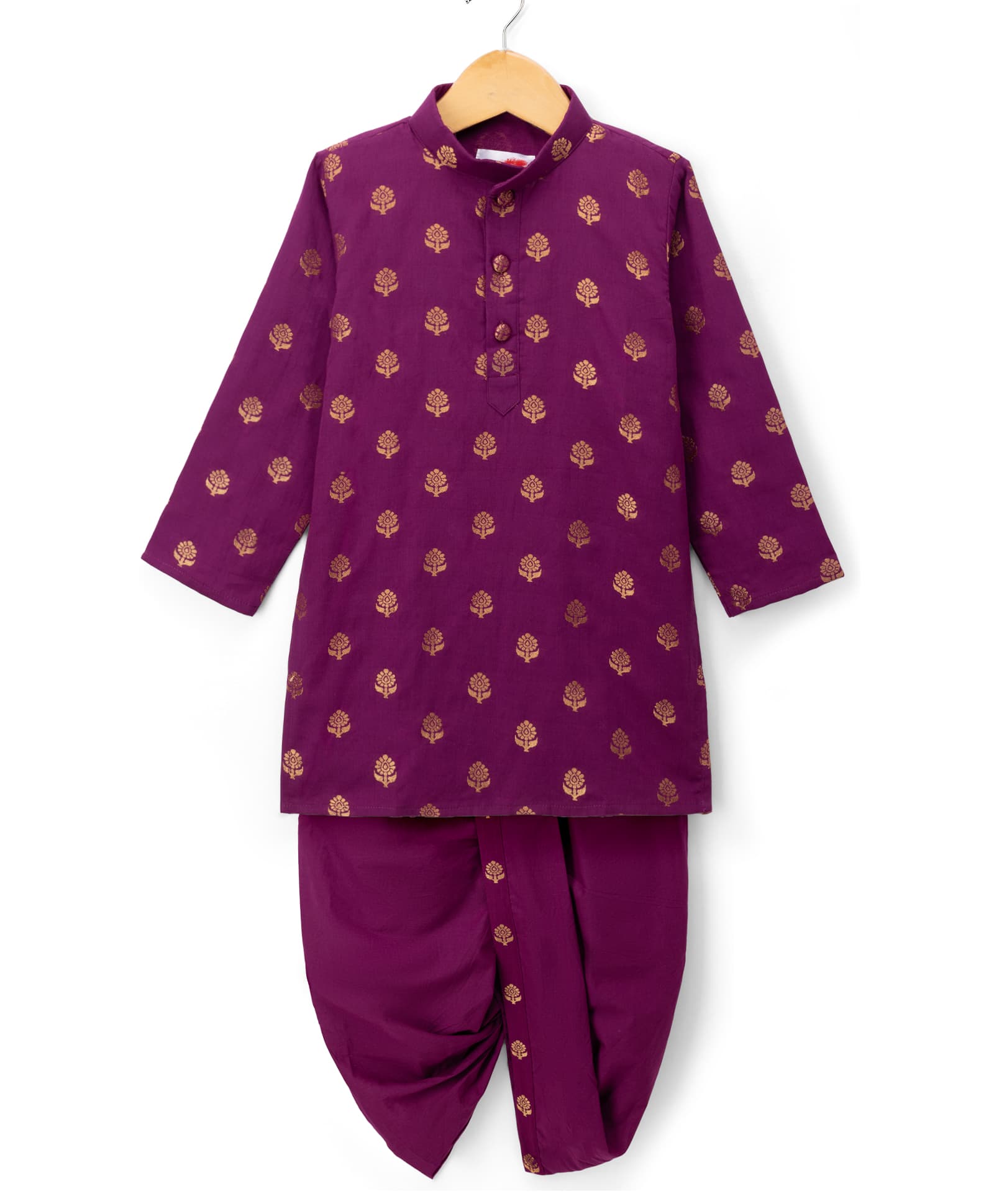 Little Bansi Cotton Woven Full Sleeves Kurta and Dhoti with Golden Floral Weave- Purple-picture-16