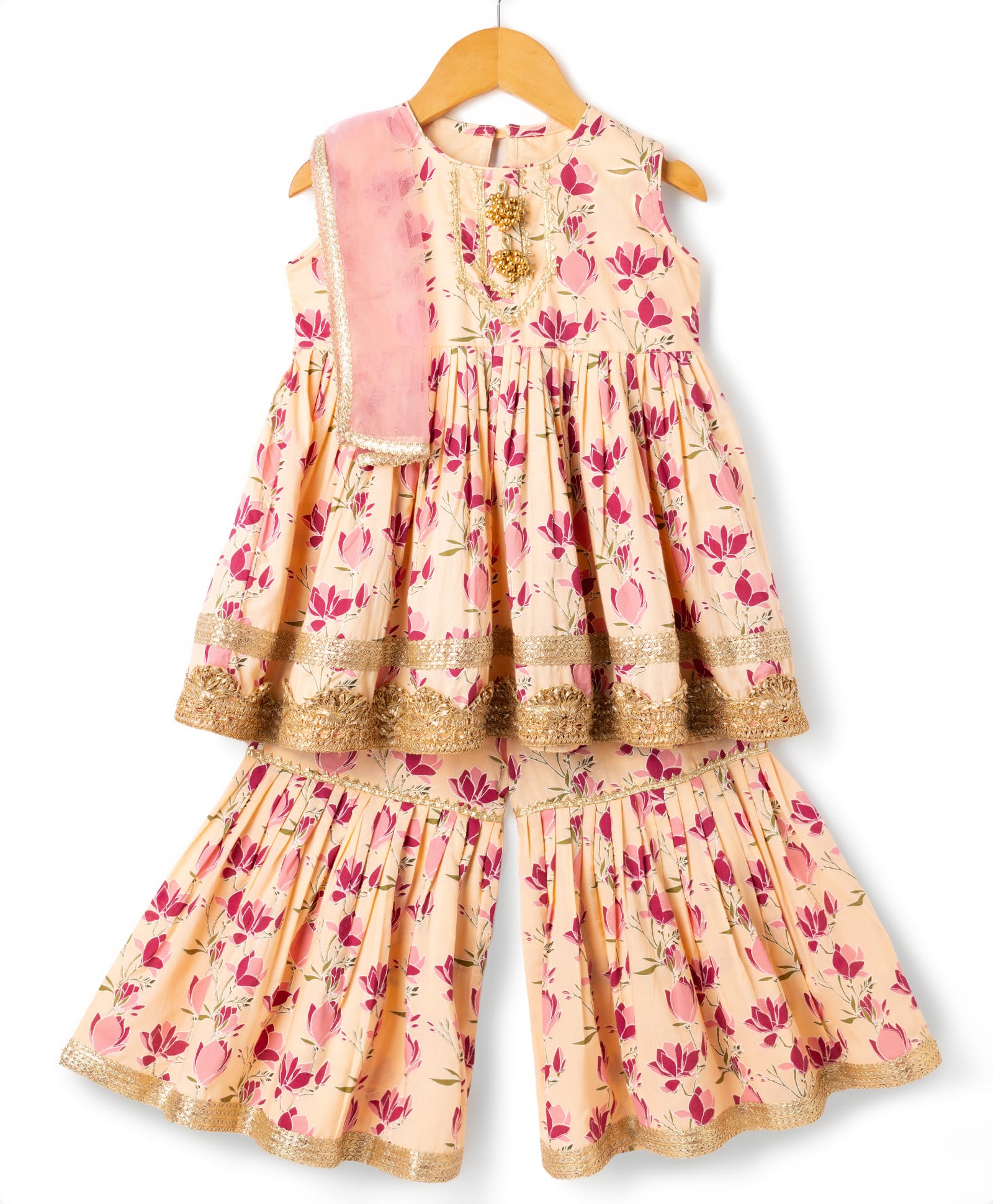 Little Bansi 100% Cotton Woven Sleeveless Lotus Printed Kurta Frock with Lace & Tussel Work Gharara With Dupatta- Peach-picture-35