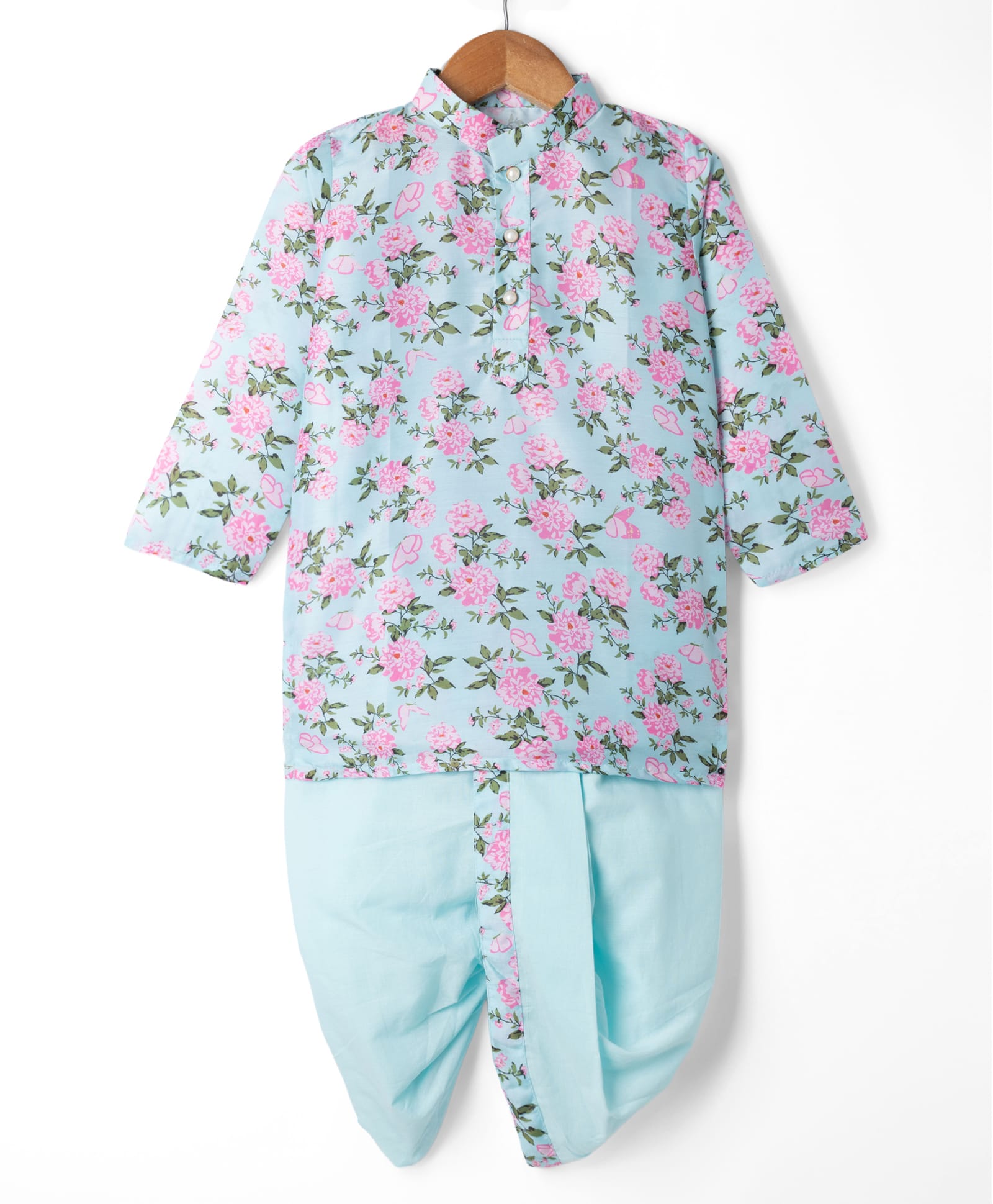 Little Bansi 100% Cotton with Muslin Woven Full Sleeves Floral Butterfly Printed Kurta and Dhoti Set - Sky Blue-picture-34
