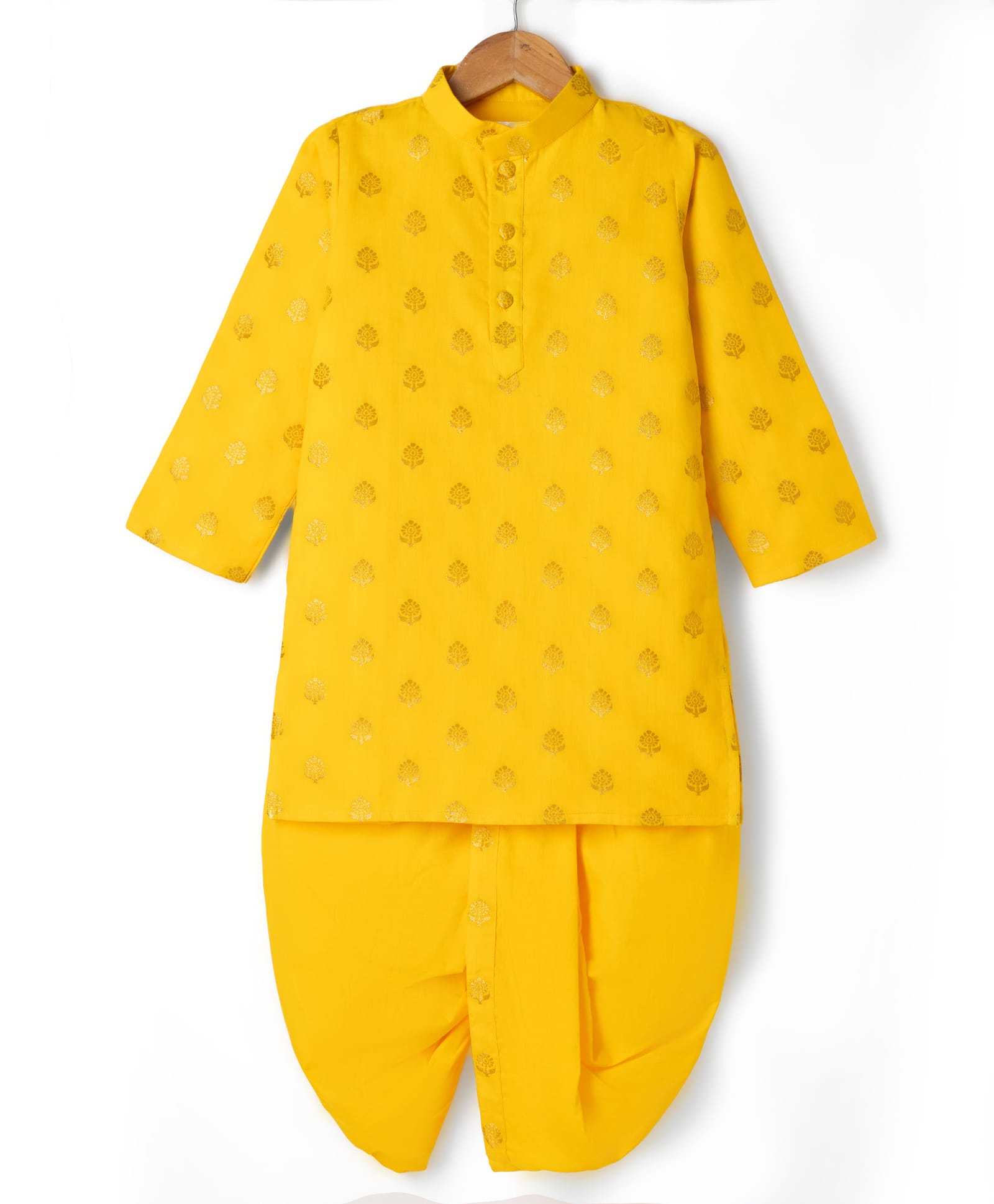Little Bansi Cotton Woven Full Sleeves Kurta & Dhoti with Golden Floral Zari Work - Yellow-picture-28