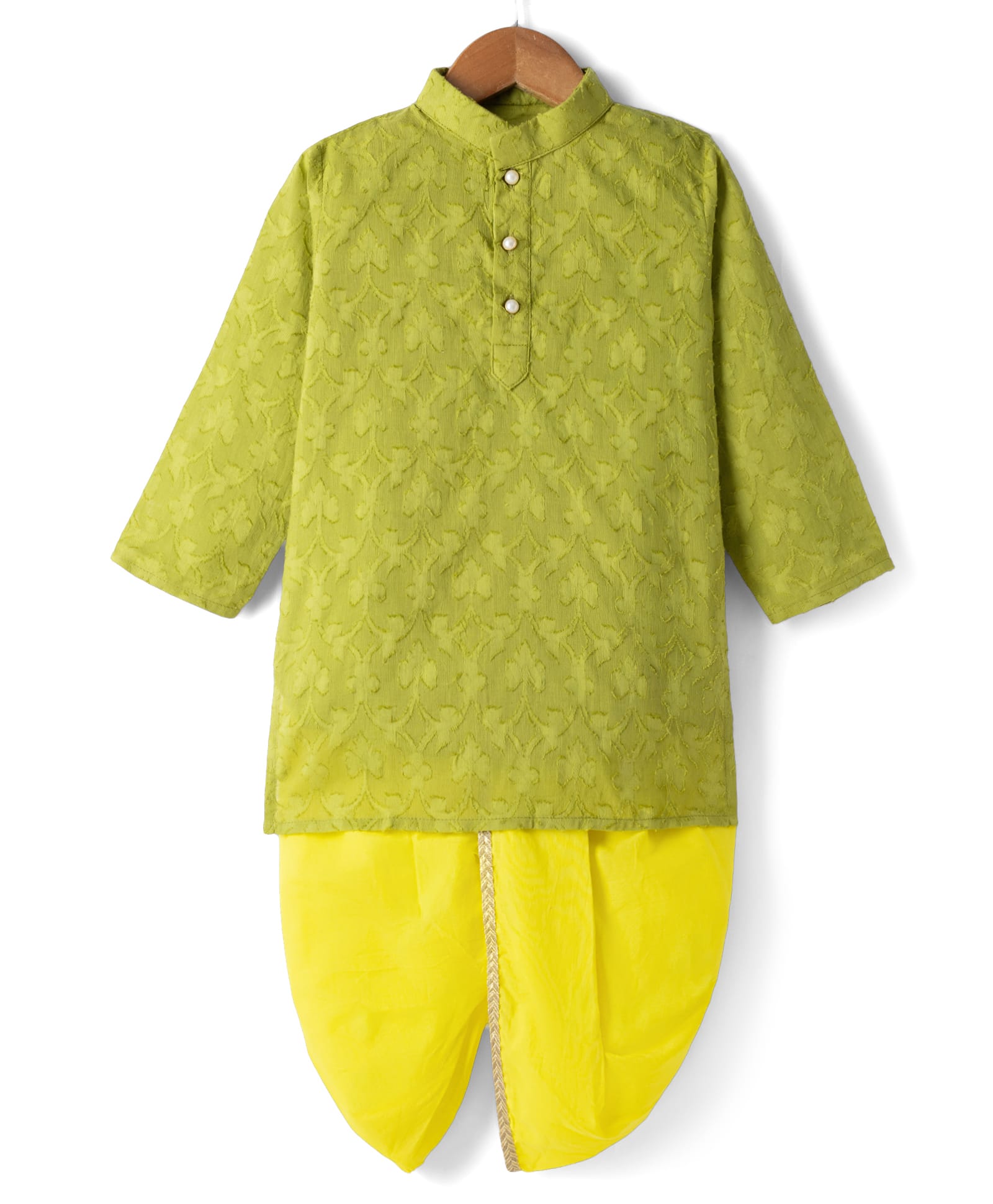 Little Bansi Cotton Woven Full Sleeves Self Weaving Kurta with Dhoti & Pearl Buttons - Lime Green-picture-36