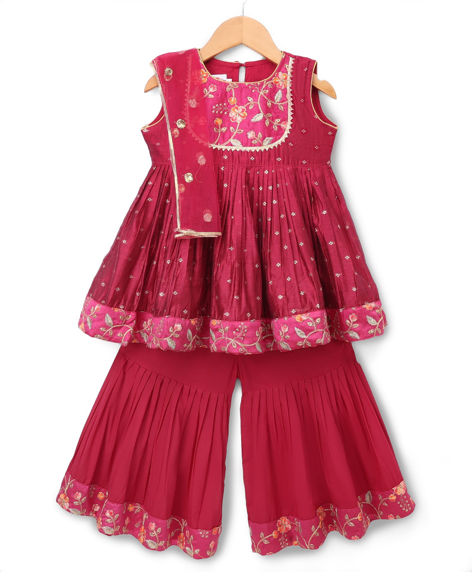 Little Bansi Chanderi Silk Woven Sleeveless Floral & Zari Embroidery Kurta Frock with Gharara & Dupatta - Pink-image-24