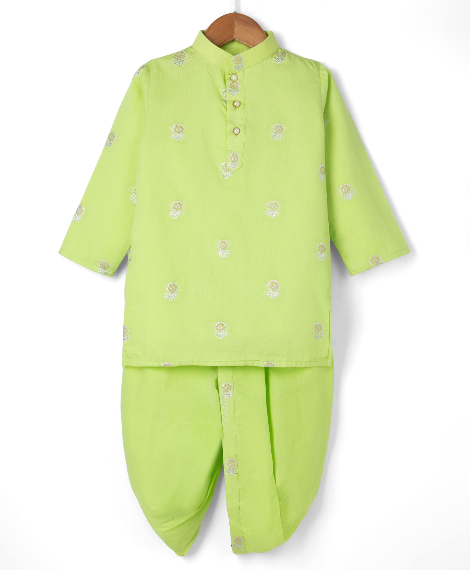 Little Bansi Cotton Silk Woven Full Sleeves Rose Zari Embroidered Kurta with Dhoti - Lime Green-picture-30