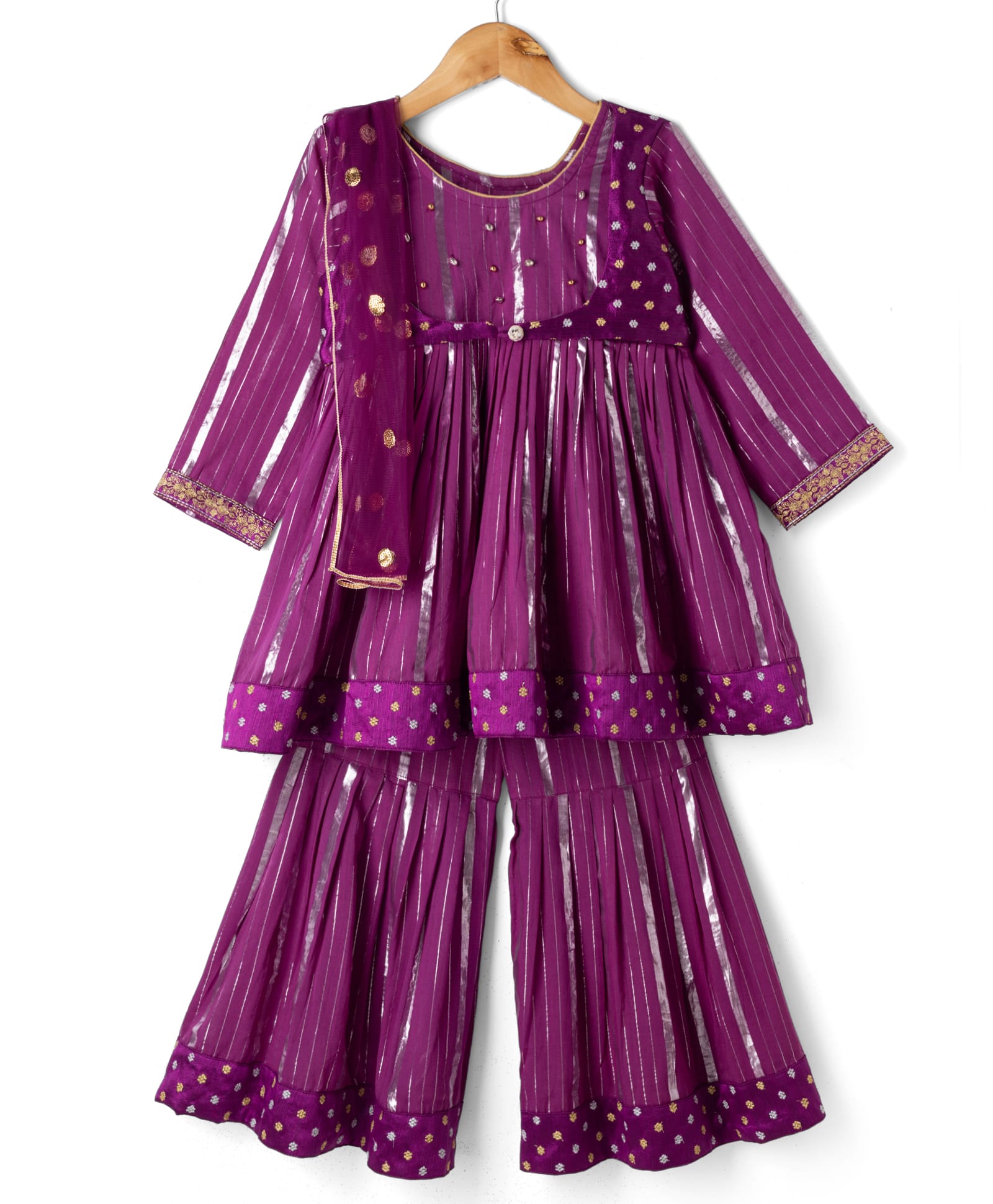 Little Bansi Cotton Woven Three Fourth Sleeves Striped Kurta Gharara With Jacket and Dupatta With Gold & Silver Floral Embroidery & Ghungroo Work - Purple-picture-6