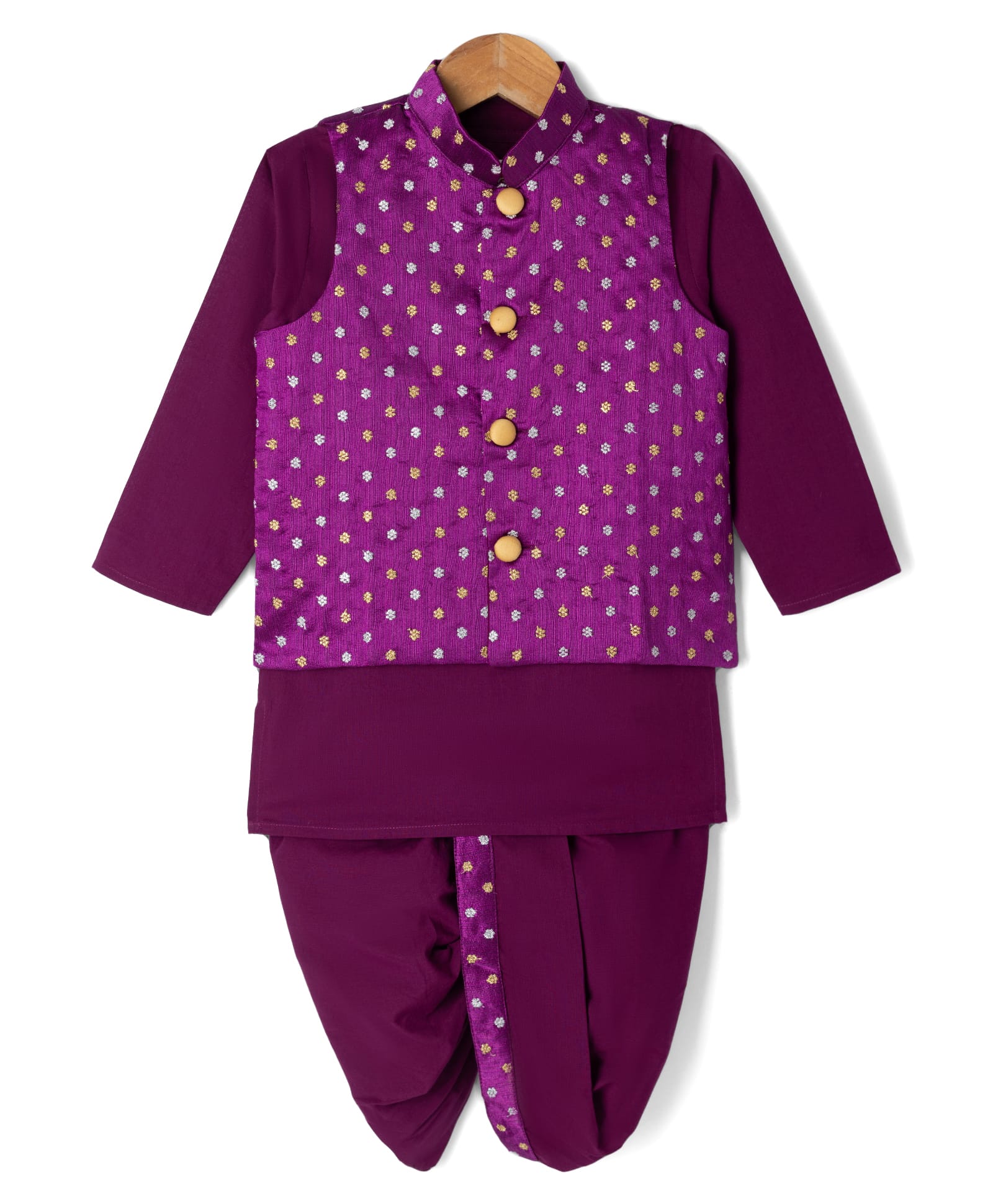 Little Bansi Cotton Woven Full Sleeves Kurta With Nehru Jacket And Dhoti With Silver & Gold Floral Embroidery - Purple-image-21
