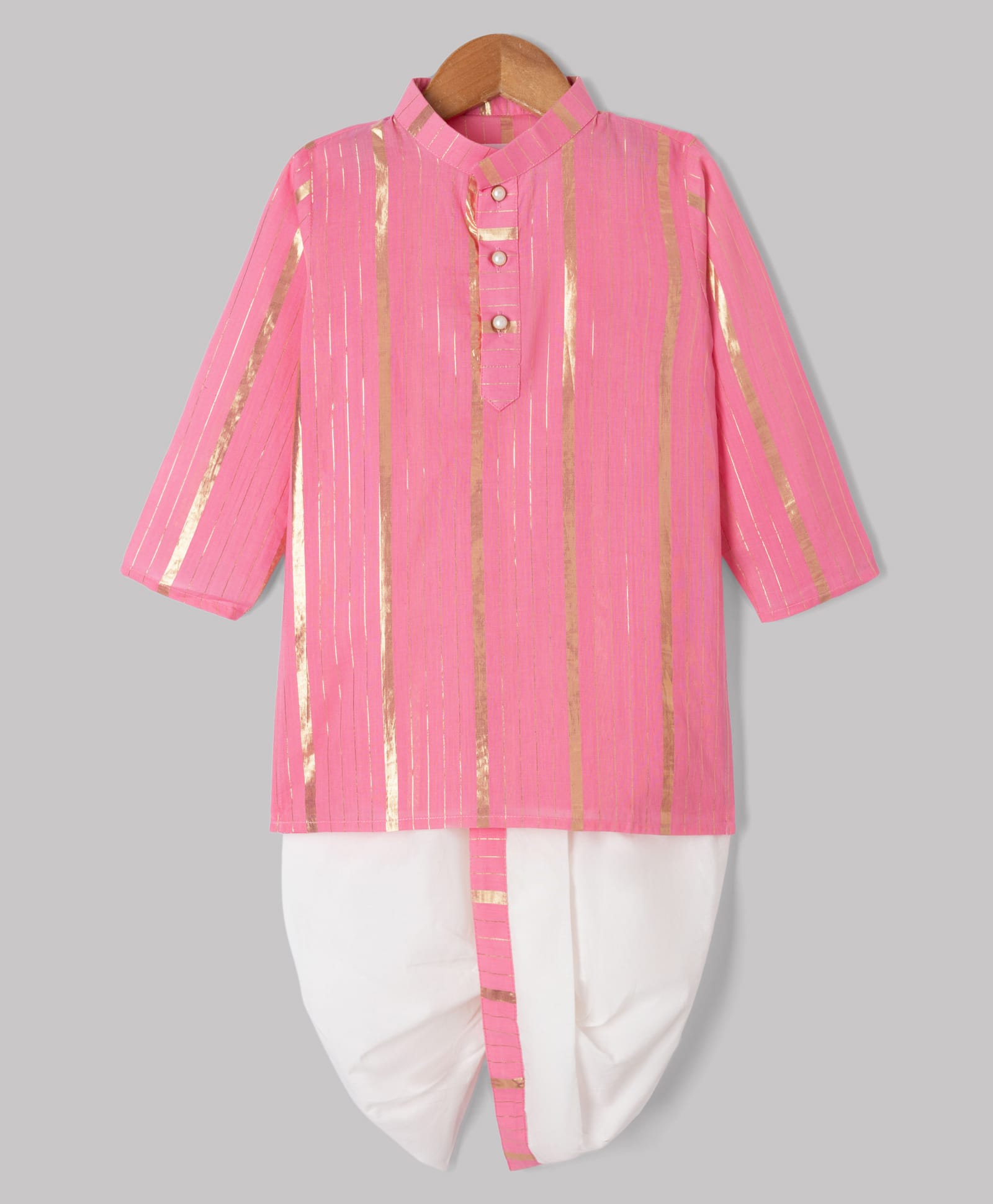 Little Bansi Cotton Woven Full Sleeves Kurta And Dhoti With Golden Stripes And Pearl Buttons - Pink-picture-14