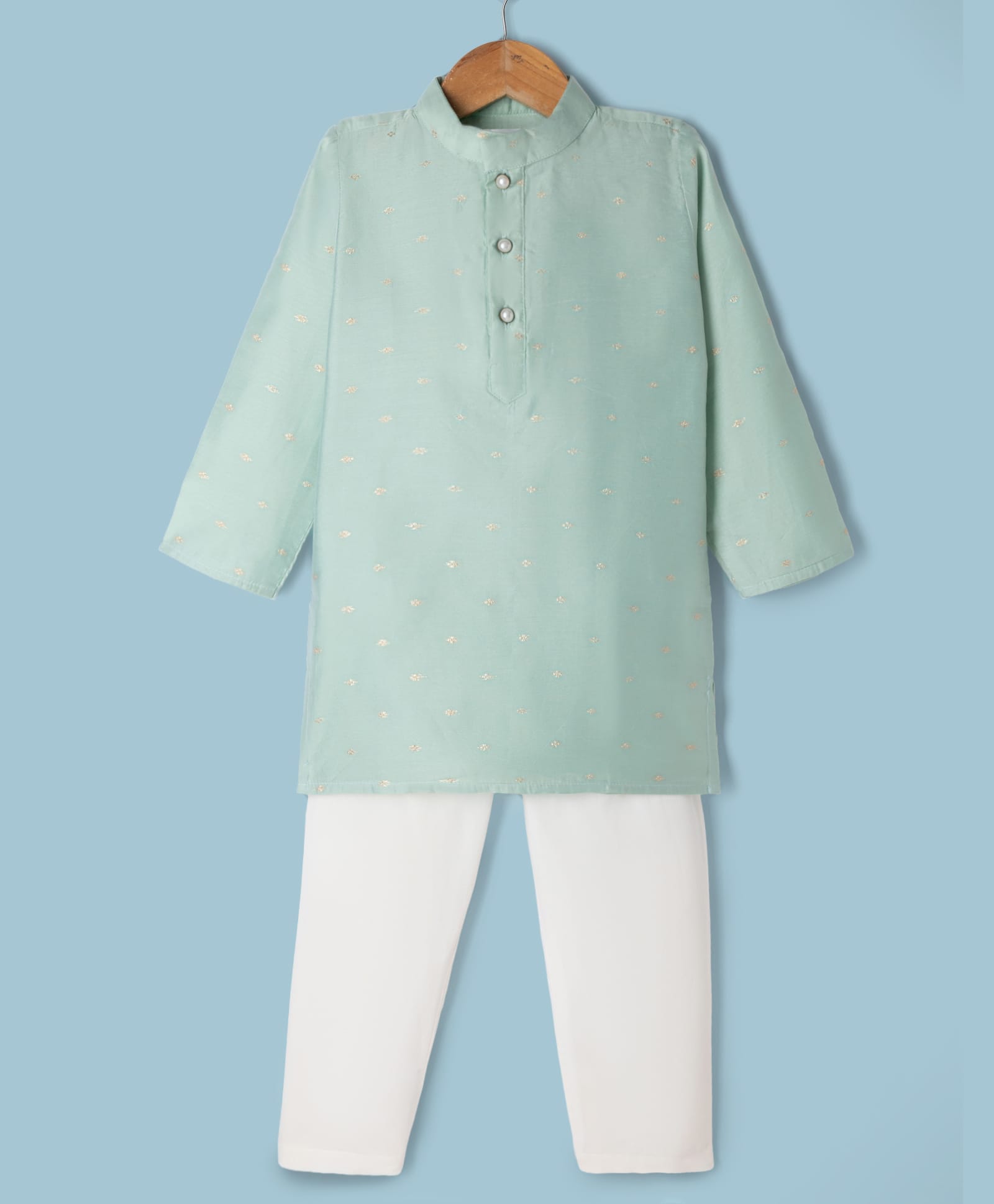 Little Bansi Cotton Silk Woven Full Sleeves Boota Work Kurta With Pyjama Set - Green-picture-12