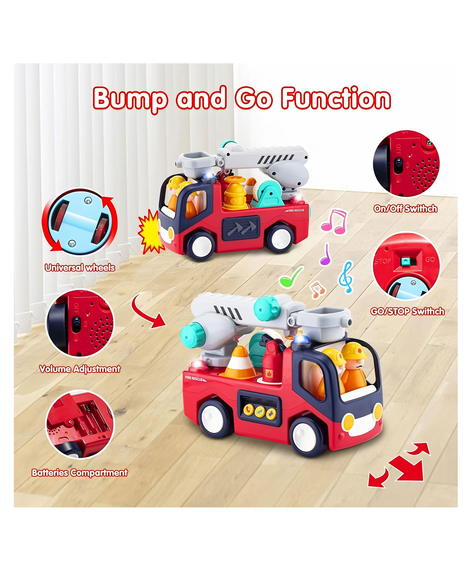 YAMAMA Musical Fire Truck Toy for Babies, Early Educational Learning Vehicle with 360 Degree Rotating Universal Wheel, Sounds and Lights, Fire Engine Car for Crawlers - Multicolor-image-48