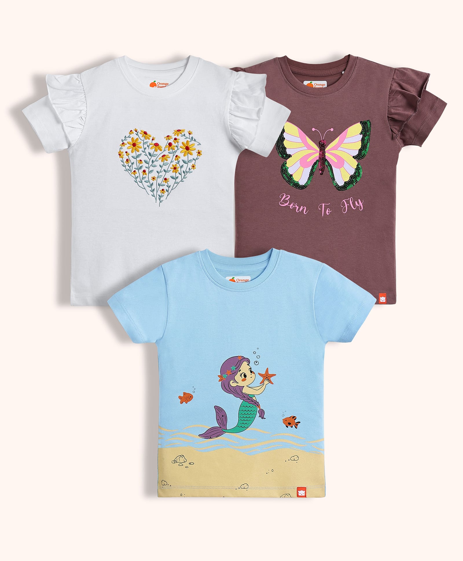 Orange Sugar Cotton Knit Pack Of 3 Half Sleeves Floral Embroidered & Sequin Embellished Butterfly Designed Tops - White Beetle Brown & Sky Blue-image-31