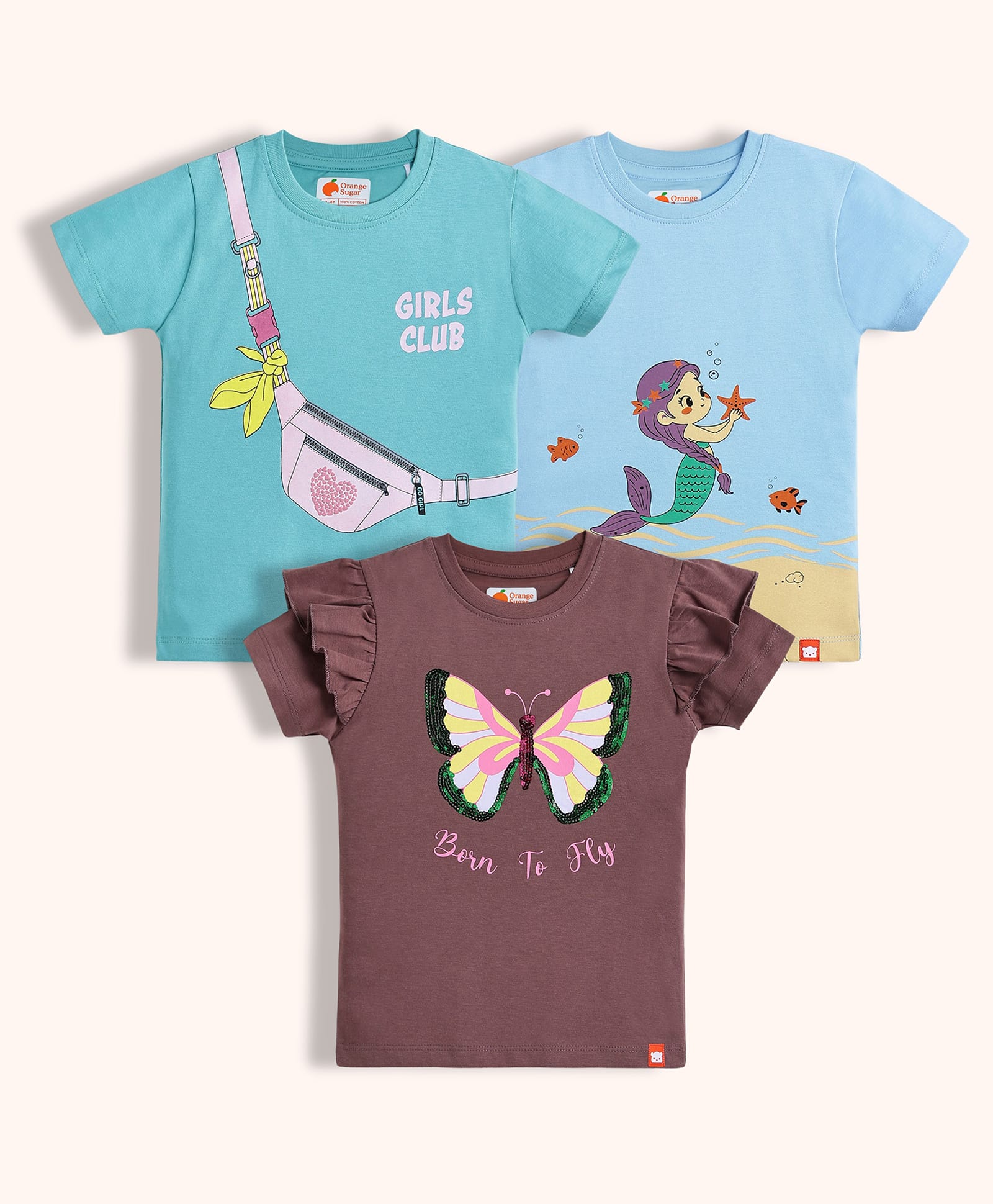 Orange Sugar Cotton Knit Pack Of 3 Half Sleeves Sequin Embellished Butterfly Designed Mermaid & Sling Bag Printed Tops - Green Beetle Brown & Sky Blue-image-4