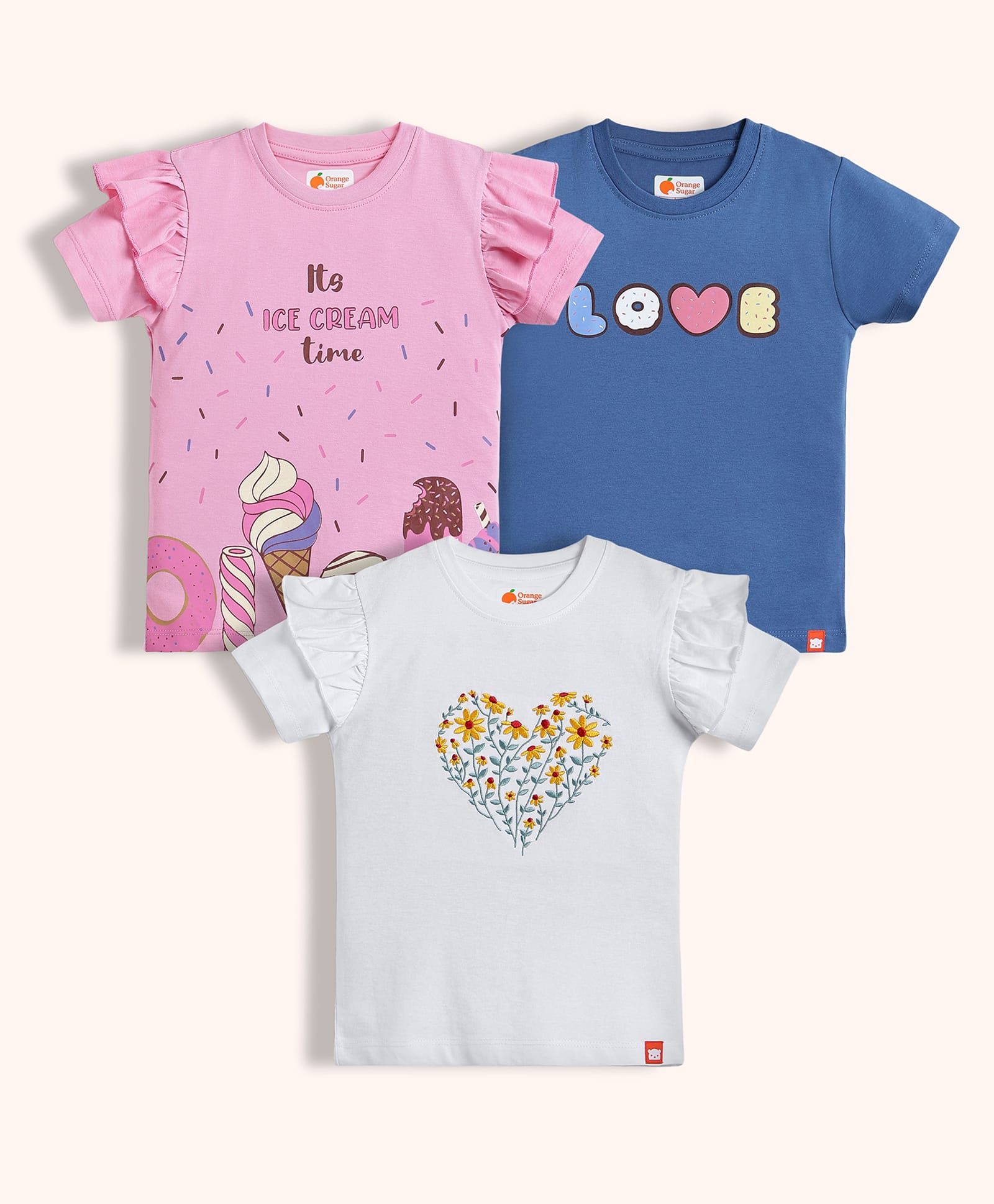 Orange Sugar Cotton Knit Pack Of 3 Half Sleeves Floral Embroidered Heart Designed Ice Cream & Love Text Printed Tops - Pink White & Blue-image-46