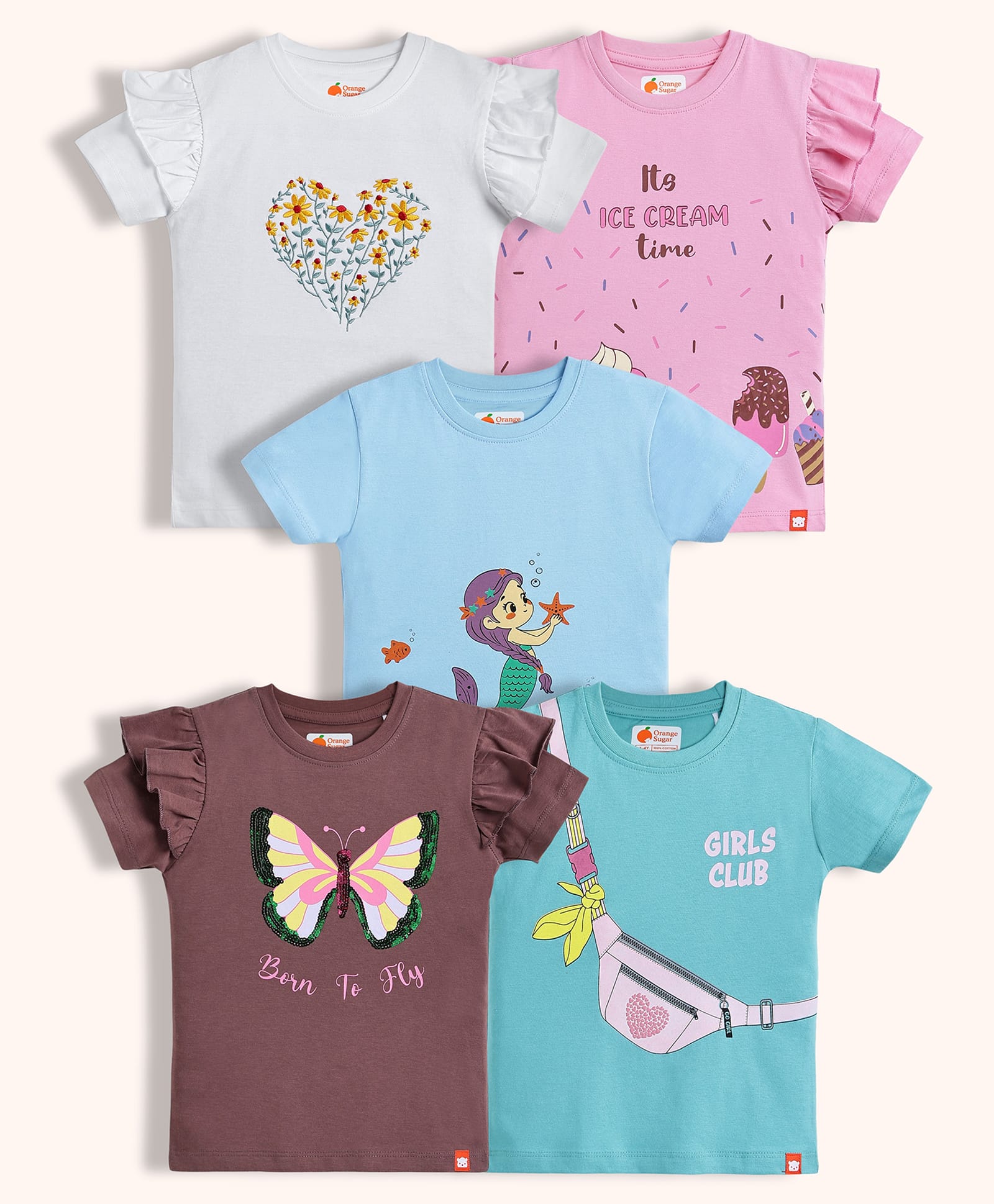 Orange Sugar 100% Cotton Knit Pack Of 5 Half Sleeves Mermaid Butterfly Sling Bag Printed & Floral Embroidered Tops - Pink Brown Blue & White-image-35
