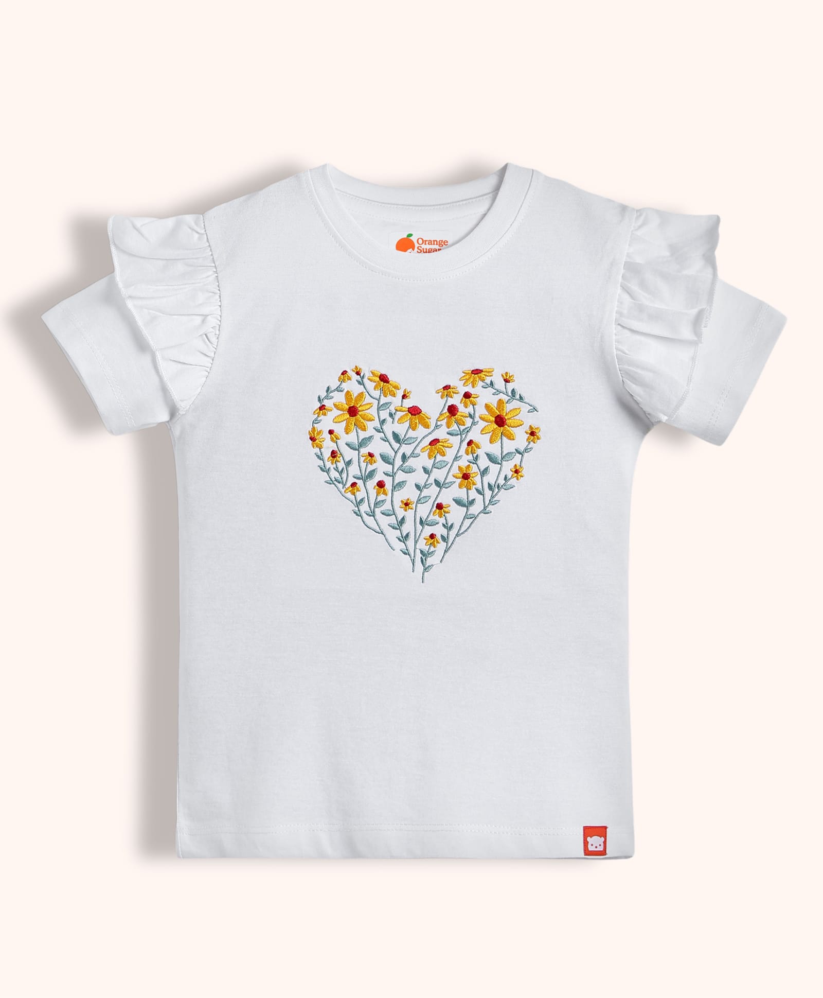 Orange Sugar Cotton Knit Half Sleeves Floral Embroidered Frill Detailed Top - White-picture-10