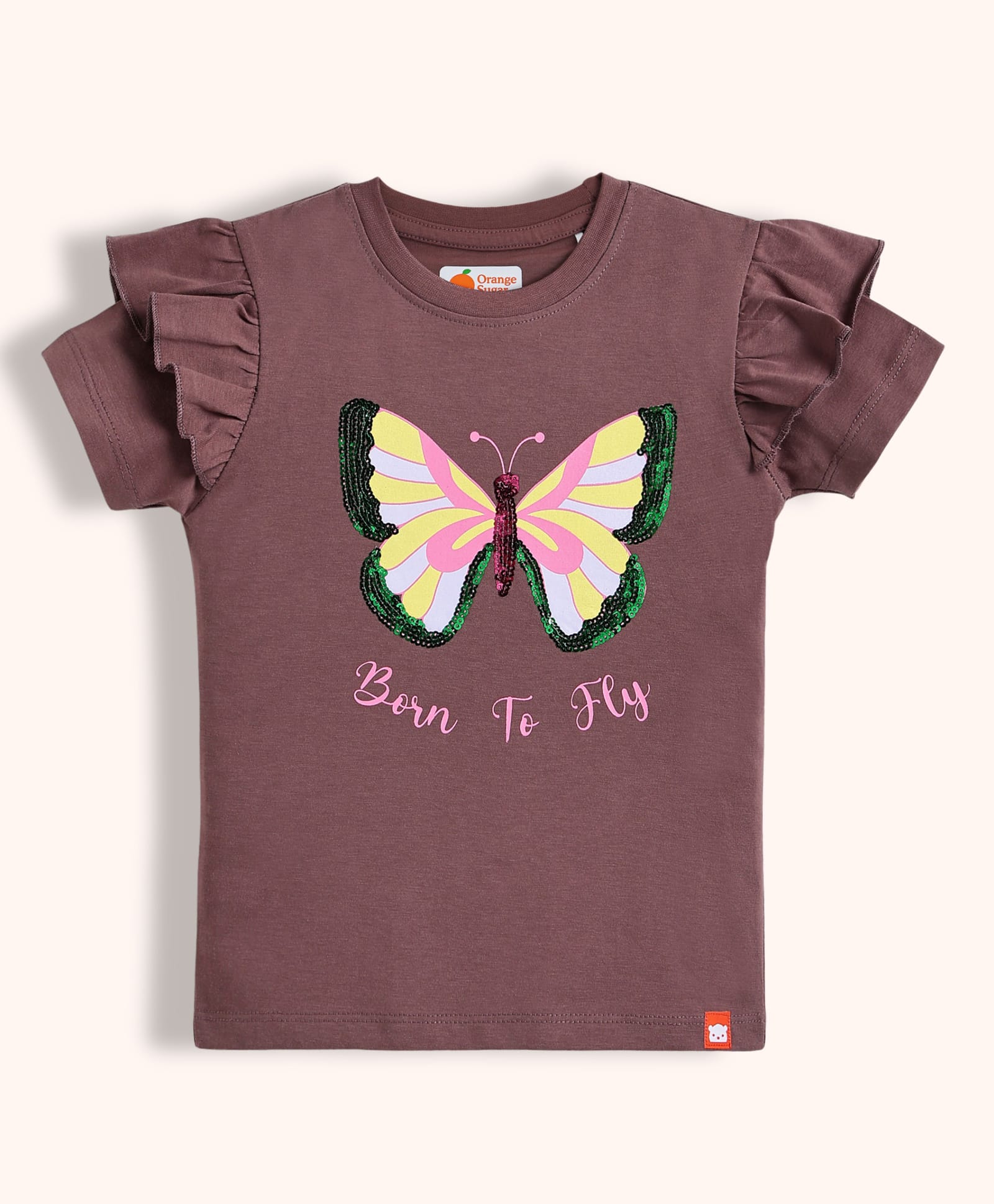 Orange Sugar Cotton Knit Half Sleeves Sequins Embellished Butterfly Designed Frill Detailed Top - Brown-image-12
