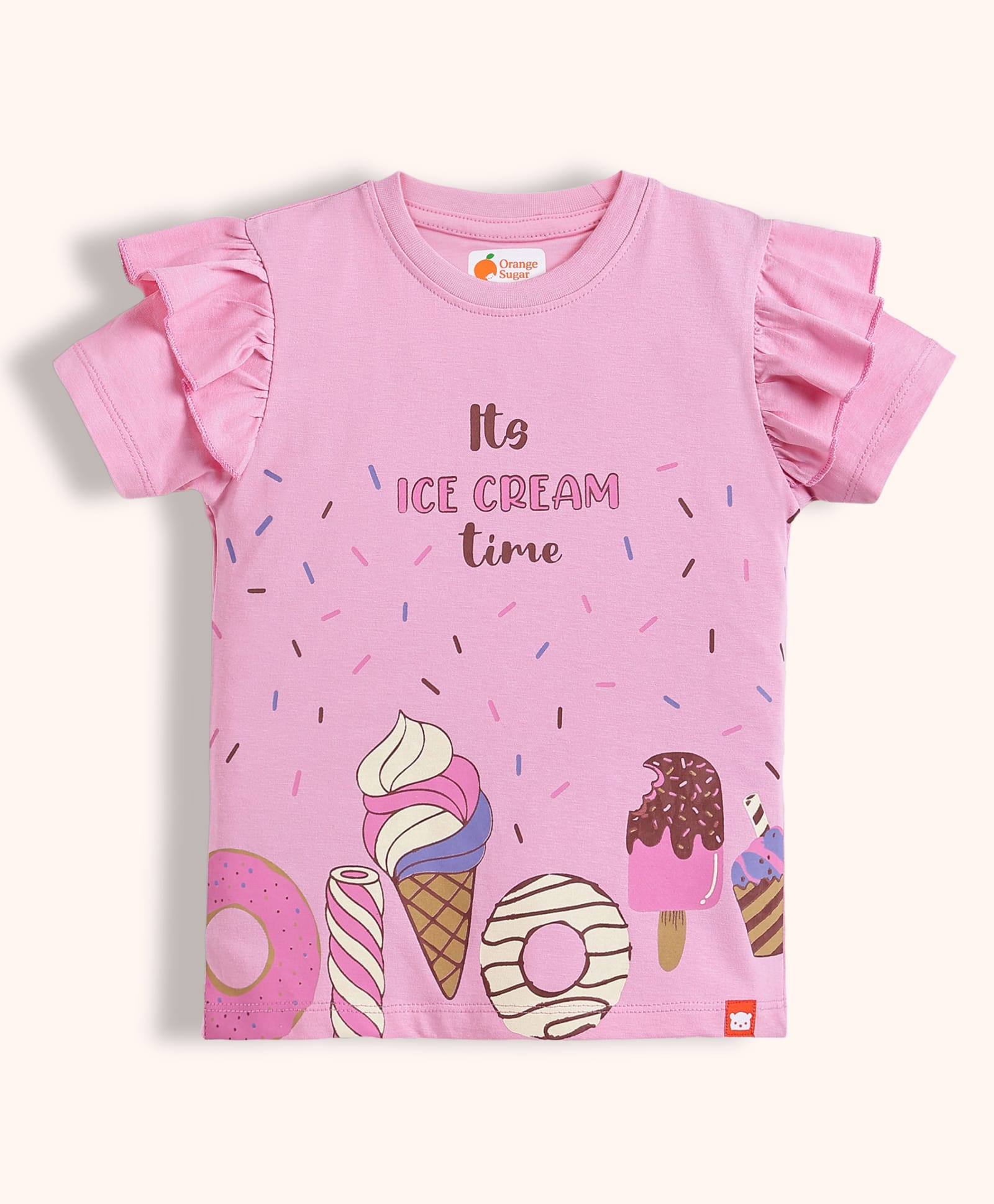 Orange Sugar Cotton Knit Half Sleeves Ice Cream Printed Frill Detailed Top - Pink-image-44