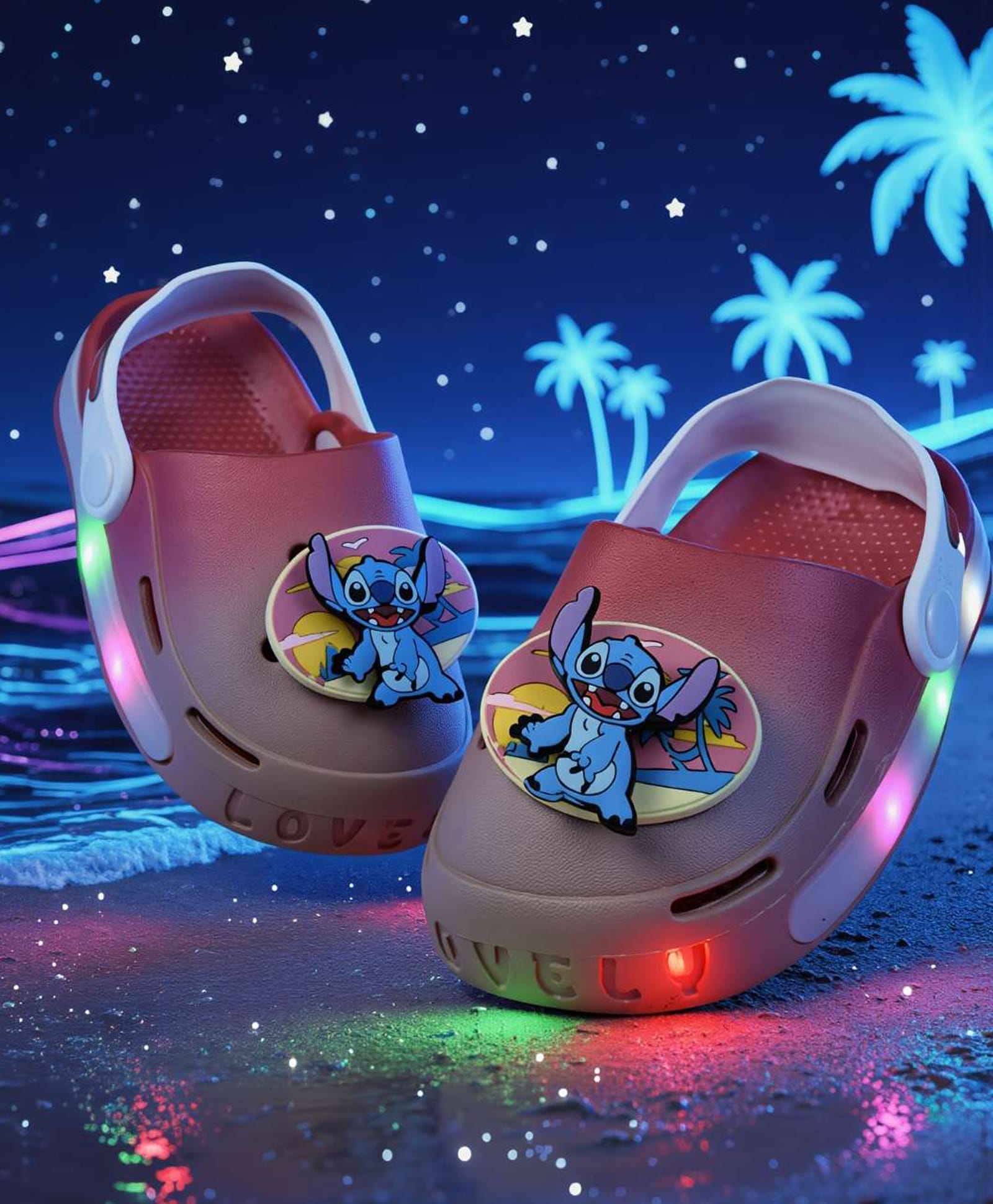 Yellow Bee Disney Featuring Rotating Stitch Applique Detailed Perforated Slingback LED Clogs - Red & Beige-picture-16