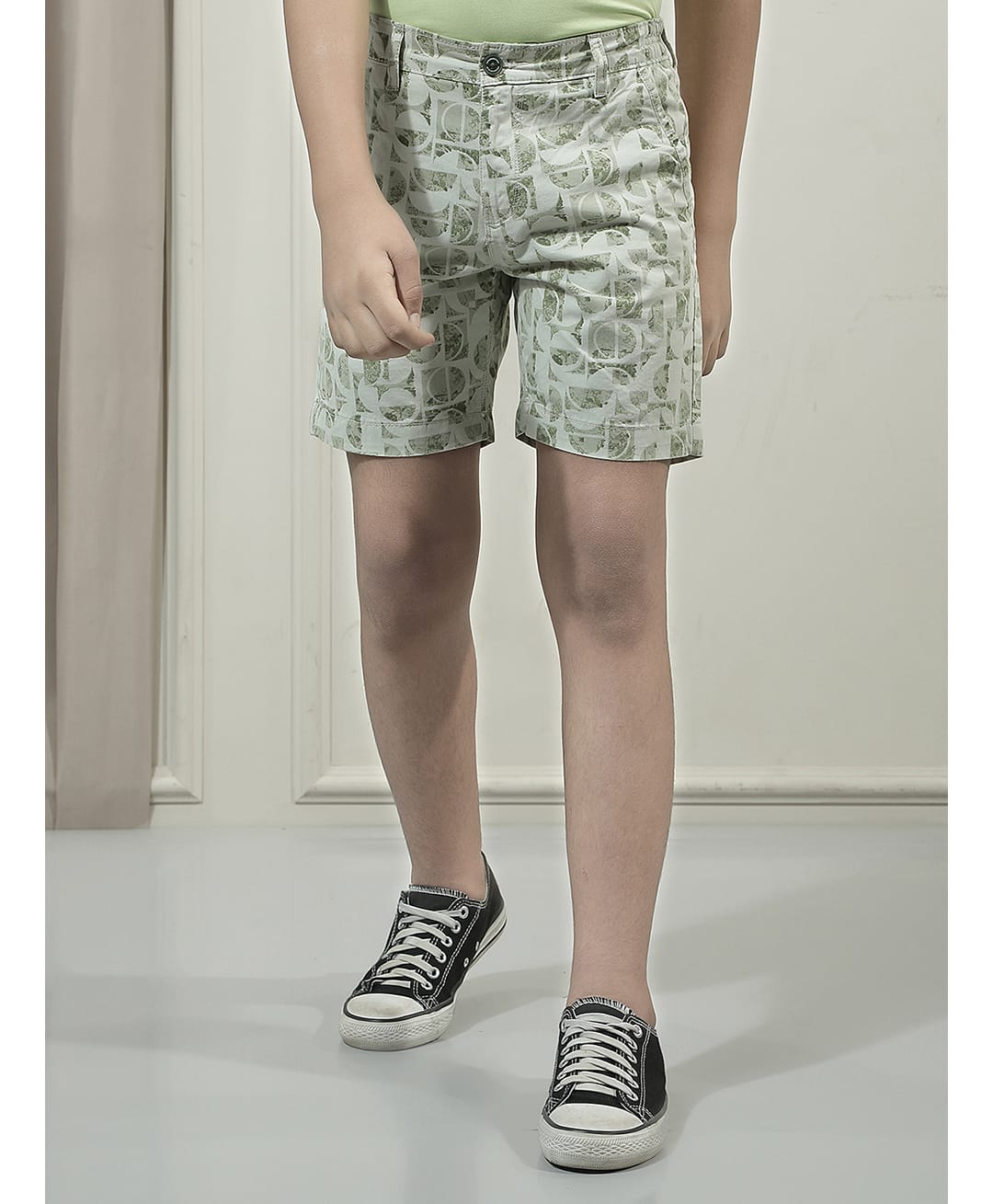 CRIMSOUNE CLUB Cotton Woven Geometric Designed Shorts - Green-image-1