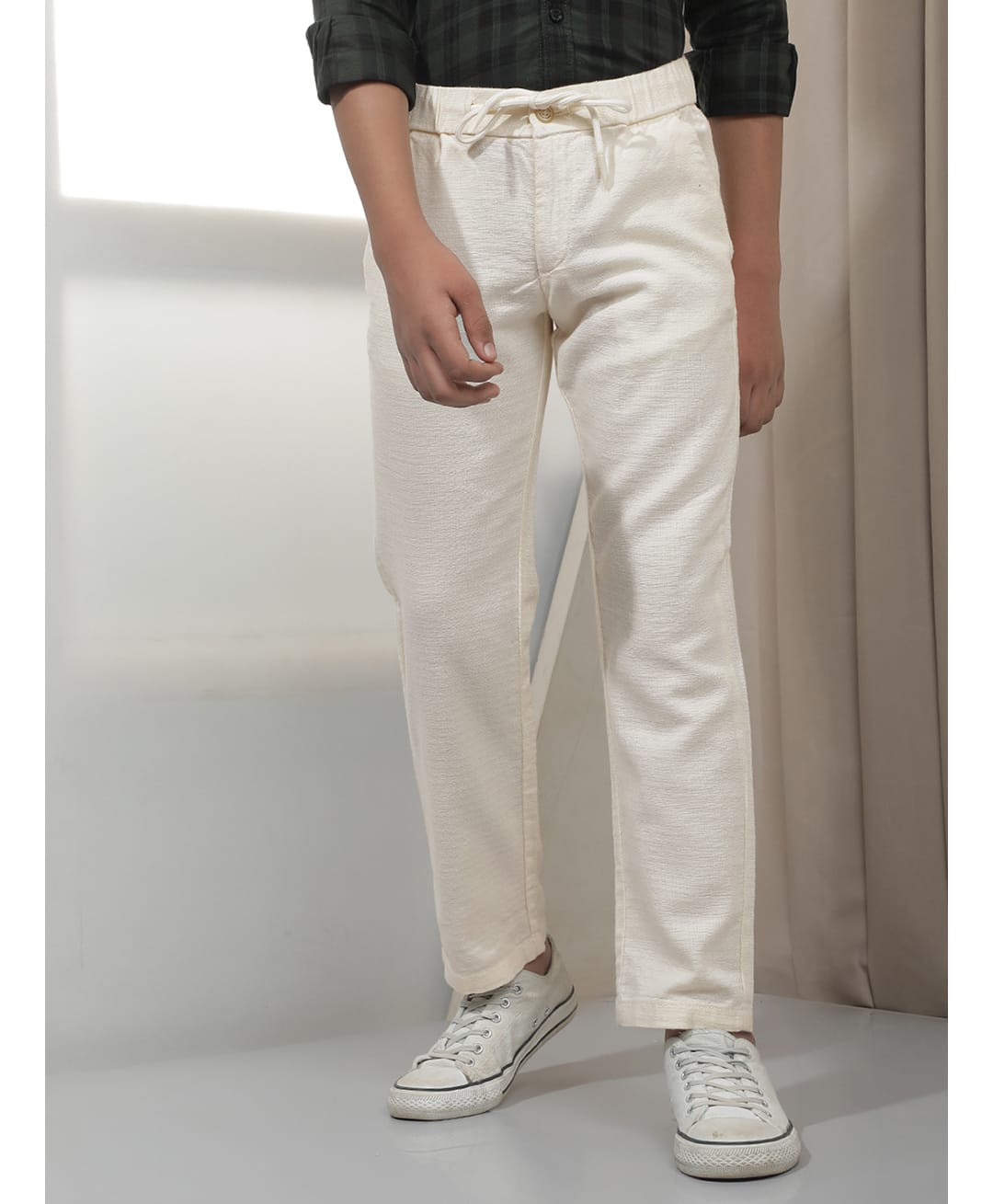 CRIMSOUNE CLUB Cotton Woven Solid Pants - Cream-picture-24