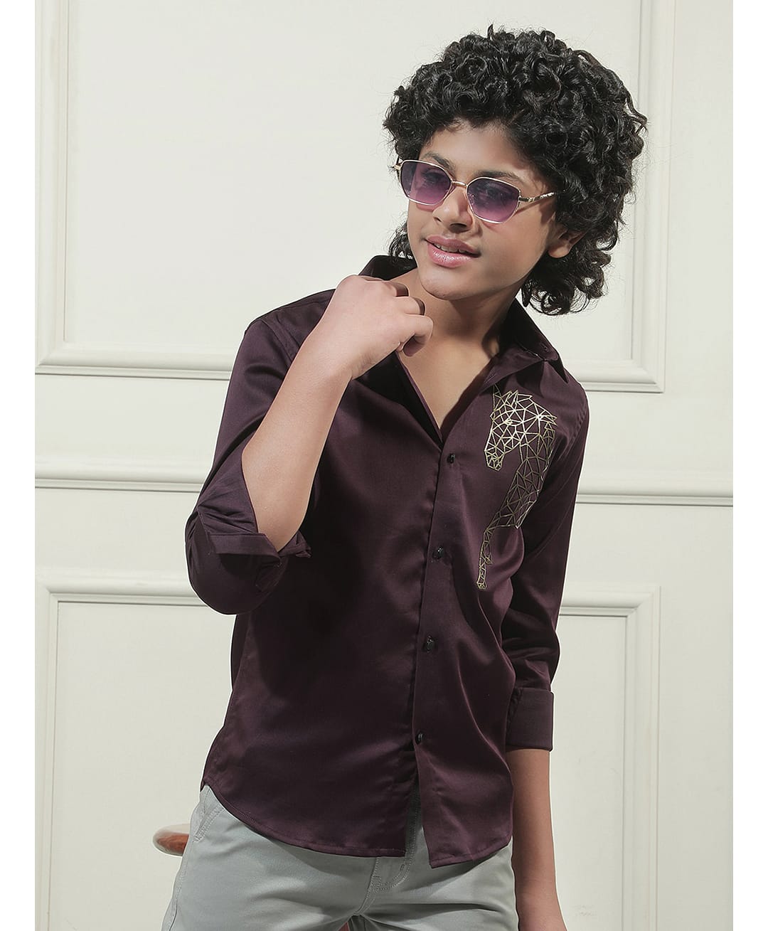 CRIMSOUNE CLUB Cotton Woven Full Sleeves Horse Designed Threadwork Detailed Shirt - Wine-image-14