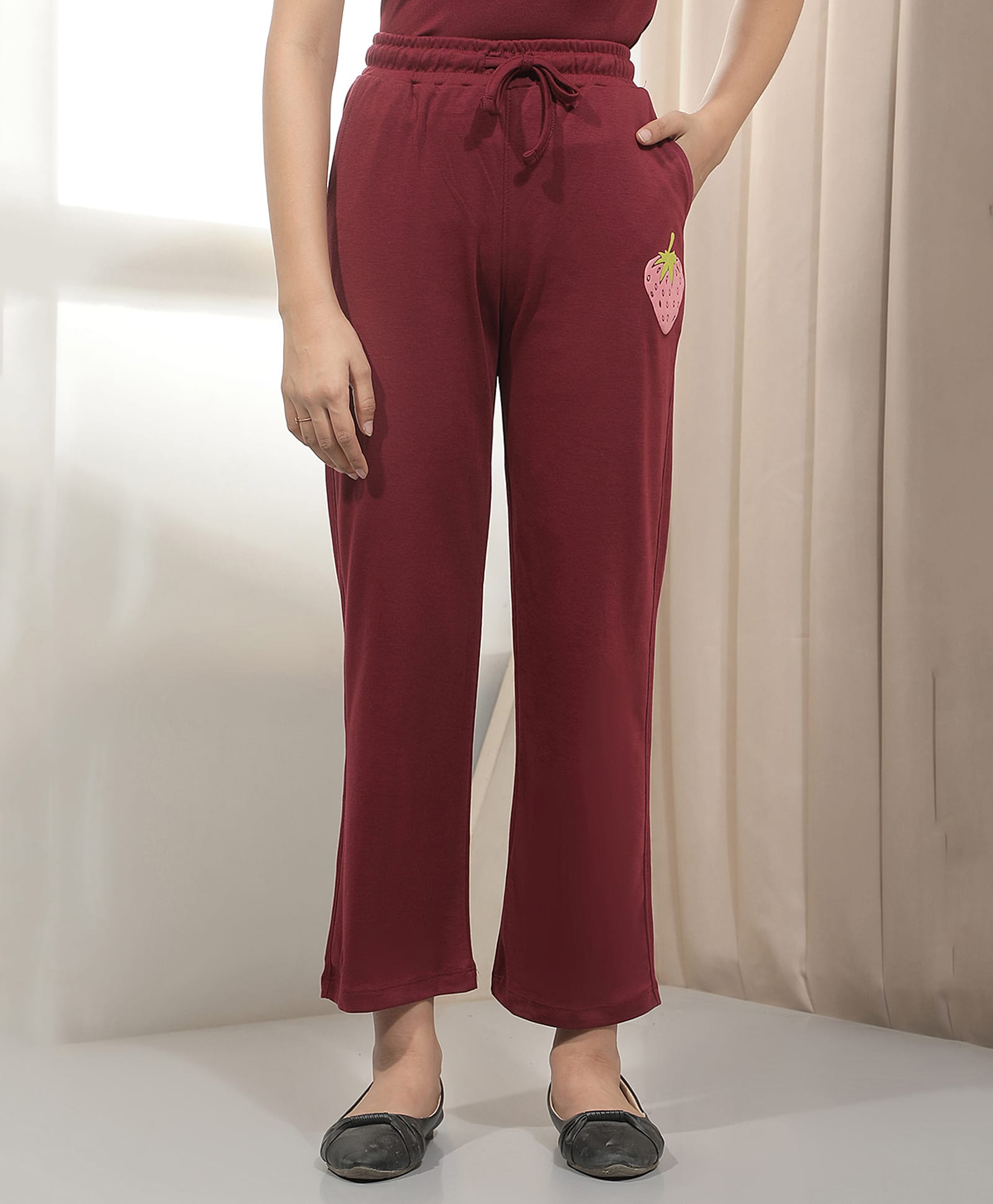 CRIMSOUNE CLUB Cotton Woven Strawberry Printed Pants - Maroon-picture-42