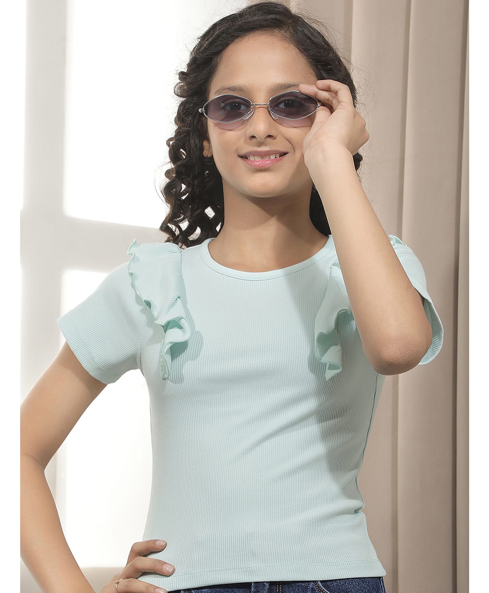 CRIMSOUNE CLUB Cotton Woven Half Sleeves Solid Top - Blue-picture-21