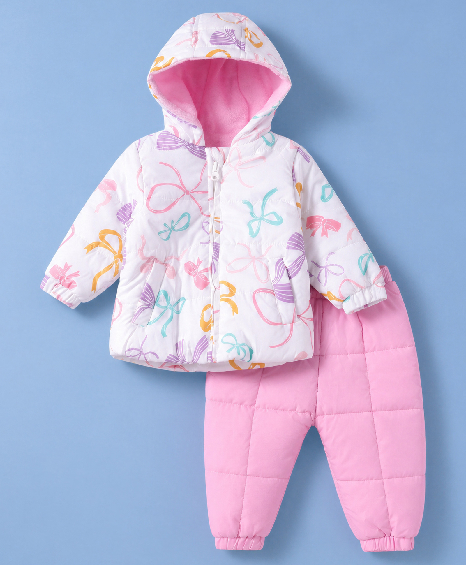 Babyhug Woven Full Sleeves Bow Printed Winter Wear Suit - White & Pink-image-3