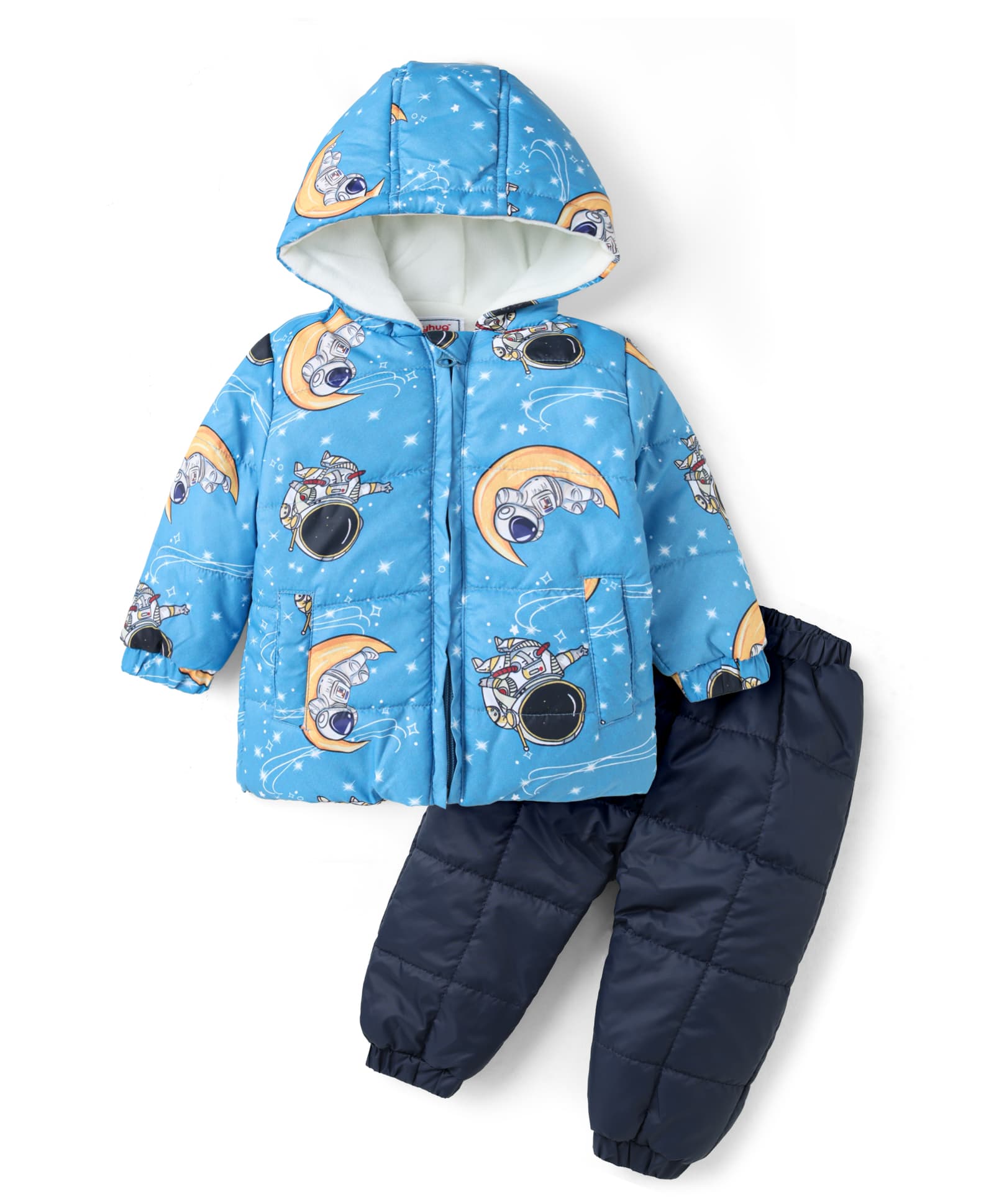 Babyhug Woven Full Sleeves Hooded Winter Wear Suit With Space Theme - Blue-image-35