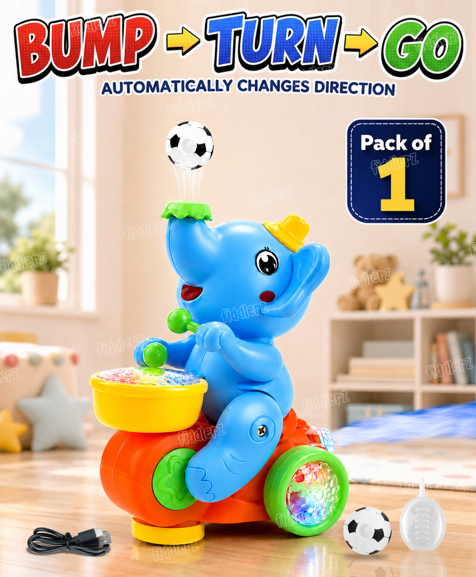 Fiddlerz Dancing Elephant Toy with Mist Effect | Music & Lights | Floating Ball Game | Bump & Go Action | Type-C USB Charging | Moving Hands & Legs | Toy for Boys & Girls - Assorted-image-4