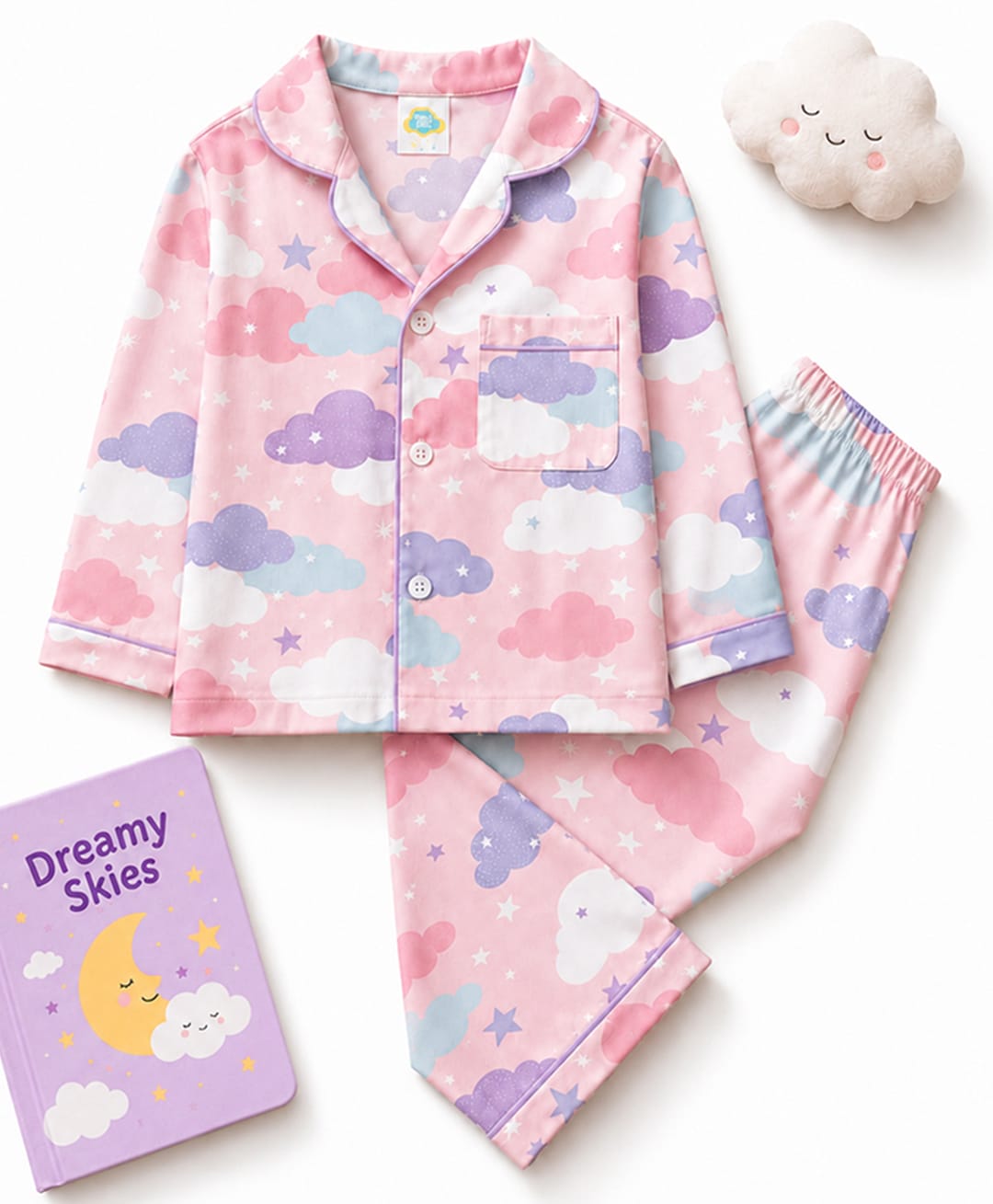 Fancy Fluff Pure Cotton Woven Full Sleeves Clouds Printed Coordinated Shirt & Pajama Night Suit - Pink-image-44