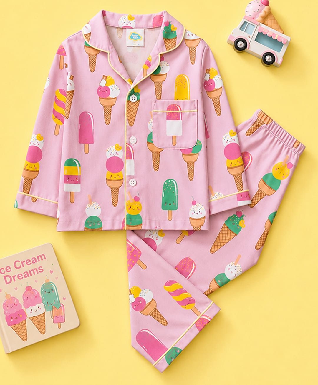 FFluff Pure Cotton Woven Full Sleeves Ice Cream Theme Printed Coordinated Shirt & Pajama Night Suit - Pink-image-17