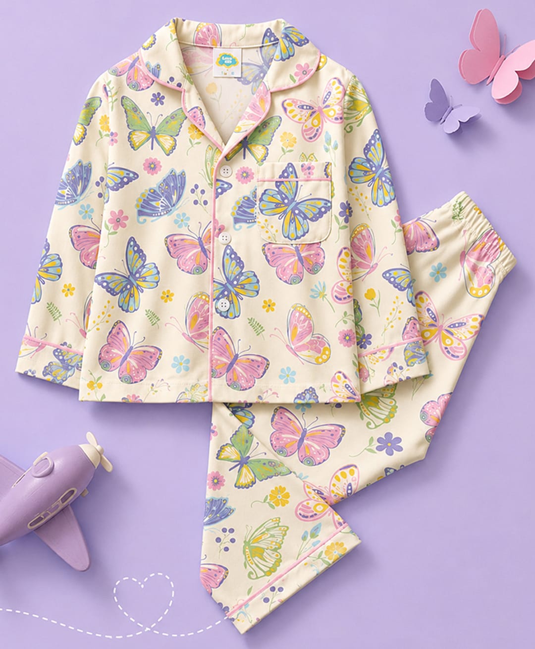 Fancy Fluff Pure Cotton Woven Full Sleeves Butterfly Printed Coordinated Shirt & Pajama Night Suit - White-image-39