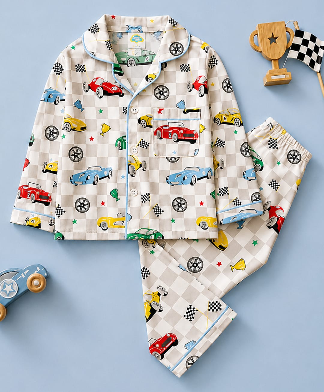 Fancy Fluff Pure Cotton Woven Full Sleeves Cars Printed Coordinated Shirt & Pajama Night Suit - White-image-22