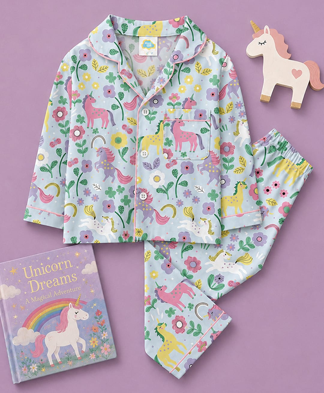 Fancy Fluff Pure Cotton Woven Full Sleeves Floral & Unicorns Printed Coordinating Shirt & Pajama Night Suit - Multi Colour-image-49