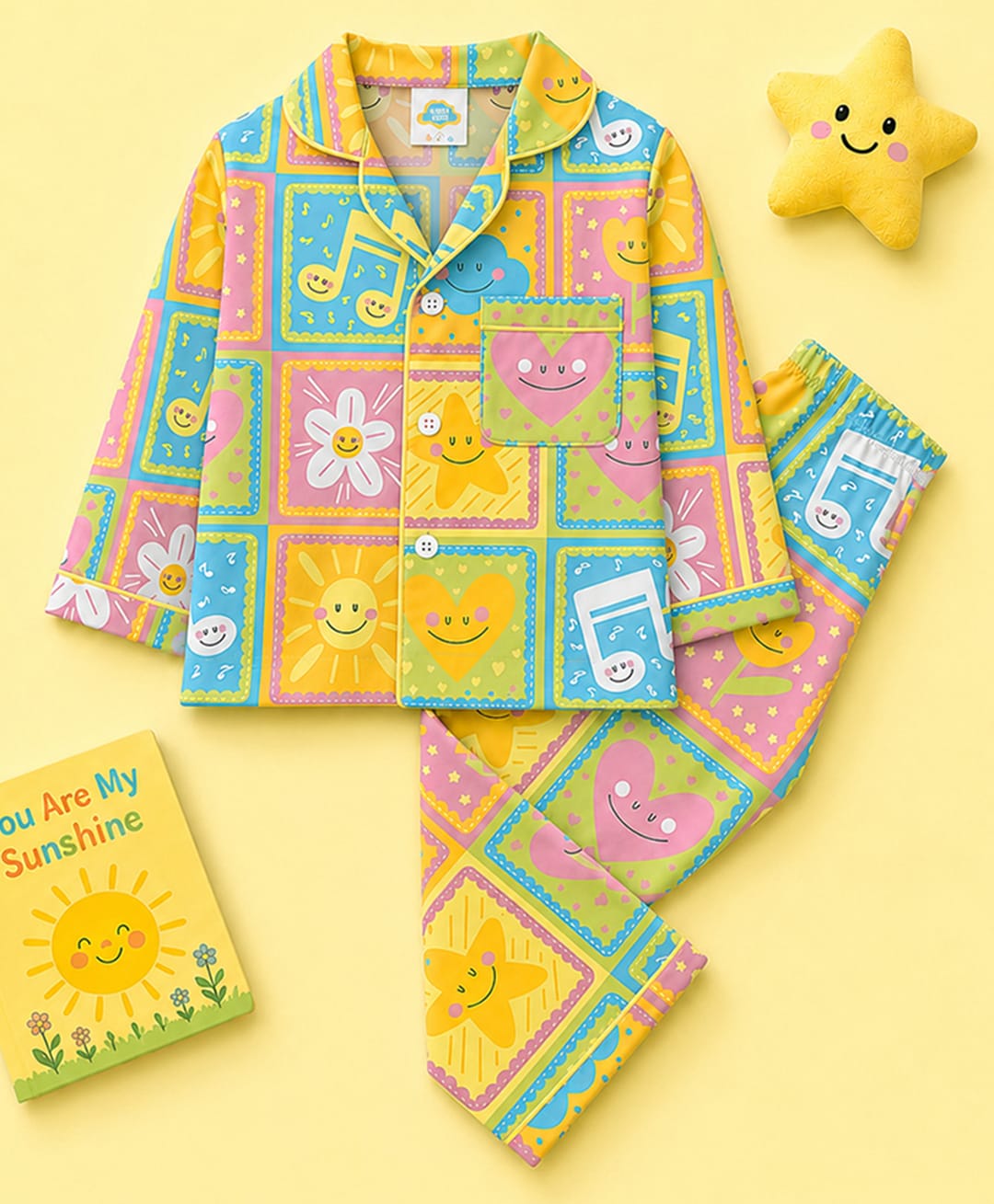 Fancy Fluff Pure Cotton Woven Full Sleeves Sun & Heart Printed Coordinated Shirt & Pajama Night Suit - Blue-image-49