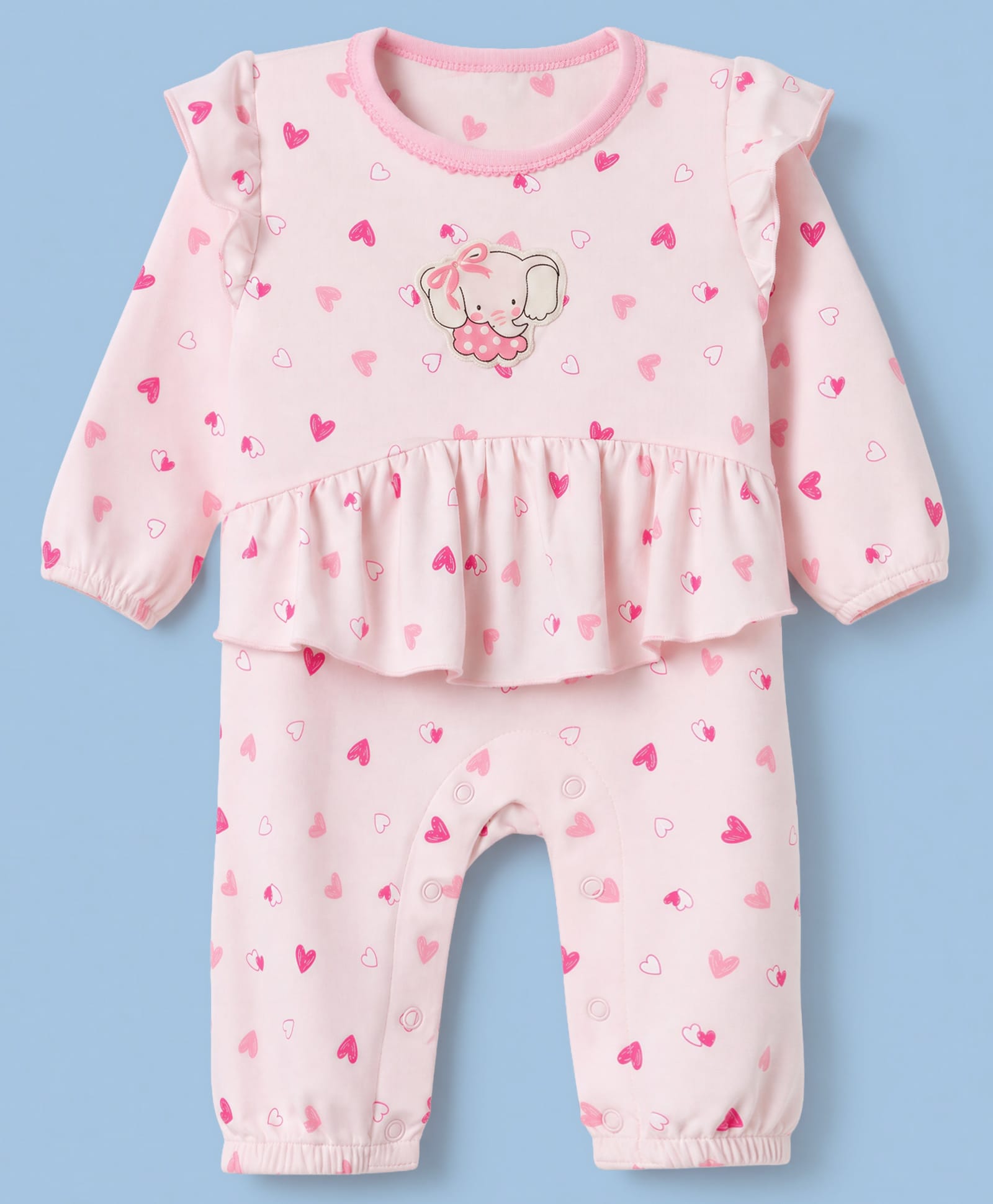 Cucumber Interlock Knit Full Sleeves Sleep Suit with Heart Print - Baby Pink-picture-29