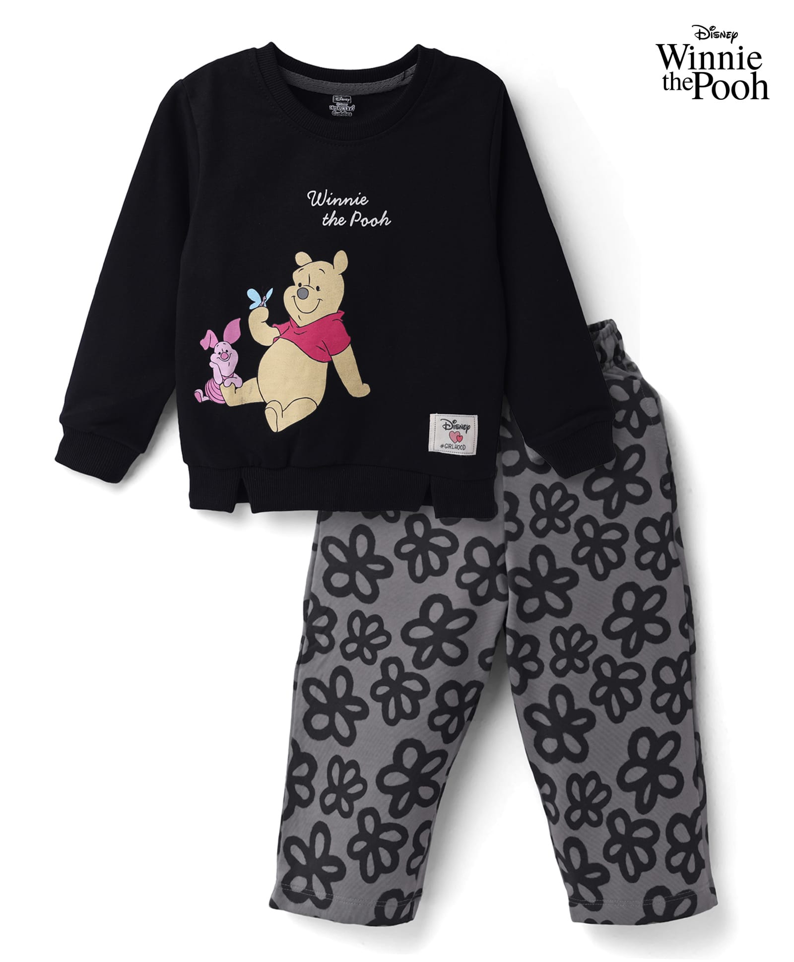 Cucumber Disney Terry Knit Full Sleeves Co-Ords T-Shirt & Pyjama Night Suit with Winnie the Pooh & Floral Print - Black-image-4