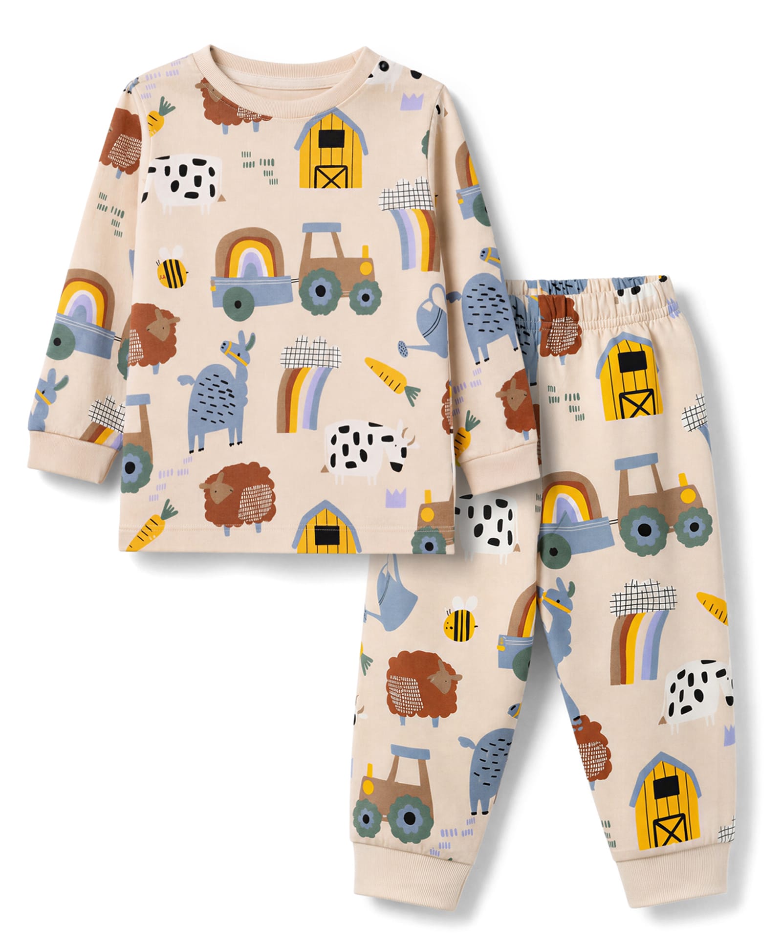 Ollypop Sinker Knit Full Sleeves Co-Ords T-Shirt & Pyjama Night Suit with Animal Truck & Rainbow Print - Pink-picture-0