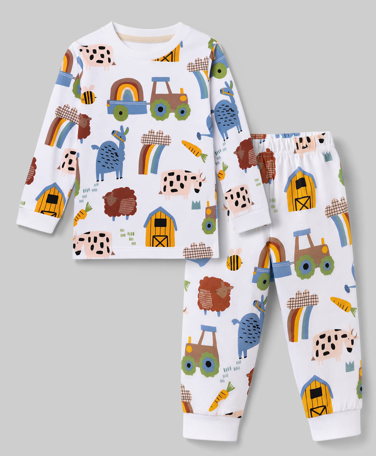 Ollypop Sinker Knit Full Sleeves Co-Ords T-Shirt & Pyjama Night Suit with Animal Truck & Rainbow Print - White-picture-23