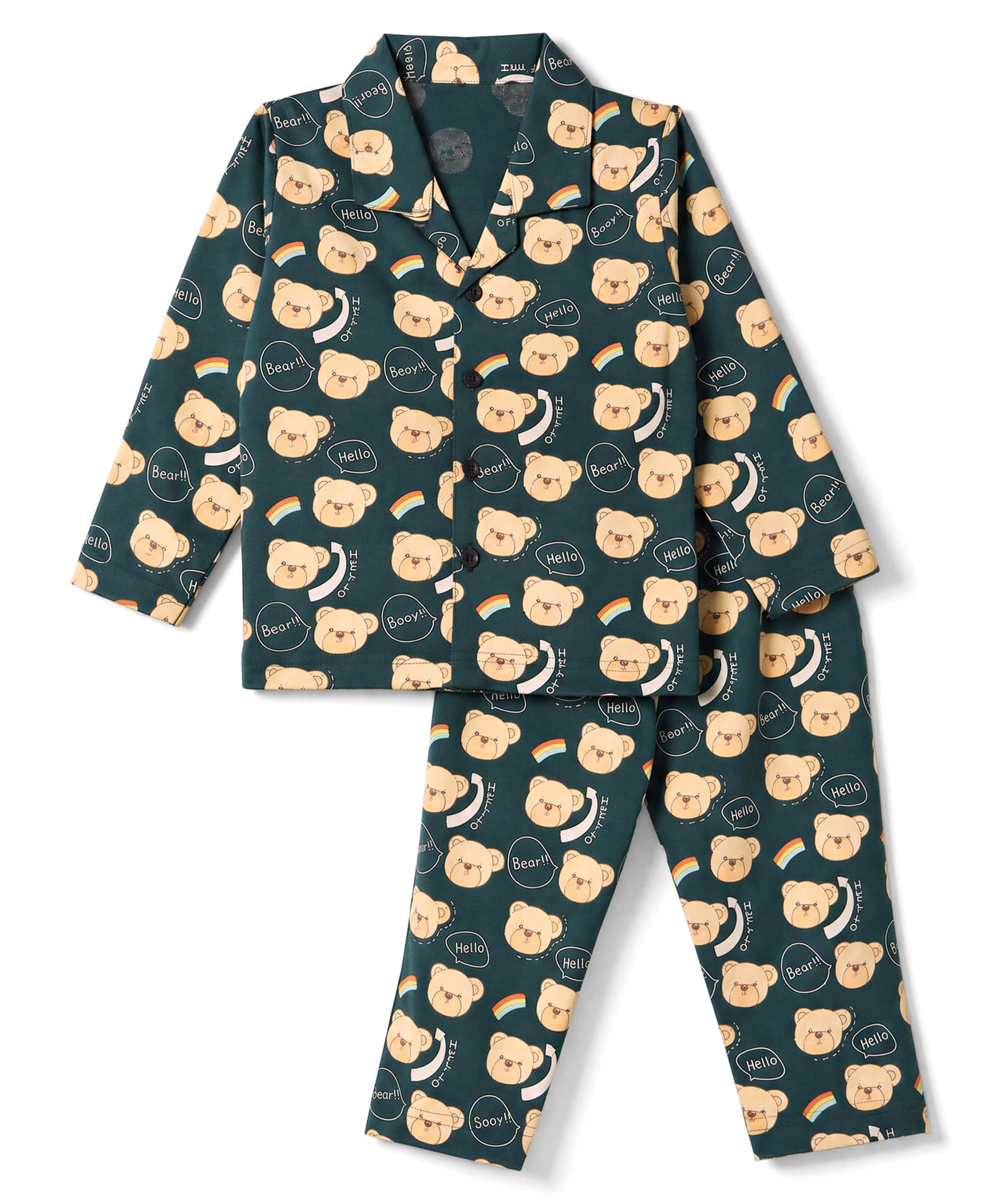 Ollypop Sinker Knit Full Sleeves Shirt & Pyjama Night Suit Co-Ords Sets With Bear & Rainbow Print - Dark Green-image-24