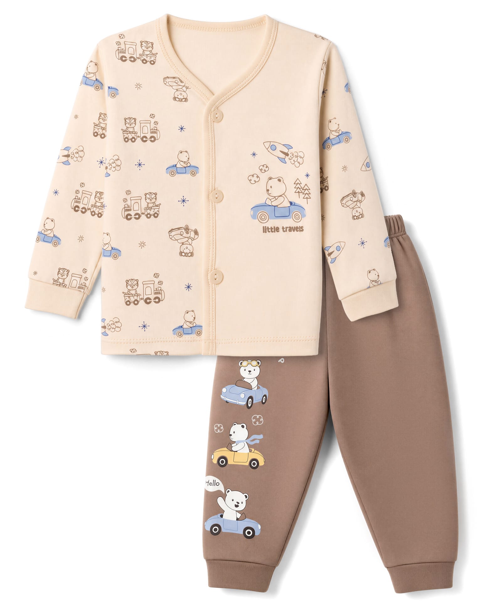 Cucumber Interlock Knit Full Sleeves T-Shirt & Lounge Pant Set with Bear & Car Print - Ivory-picture-19